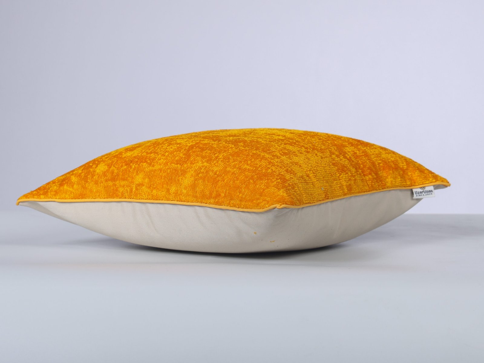 Yellow velvet ikat cushion for sale - Image 4