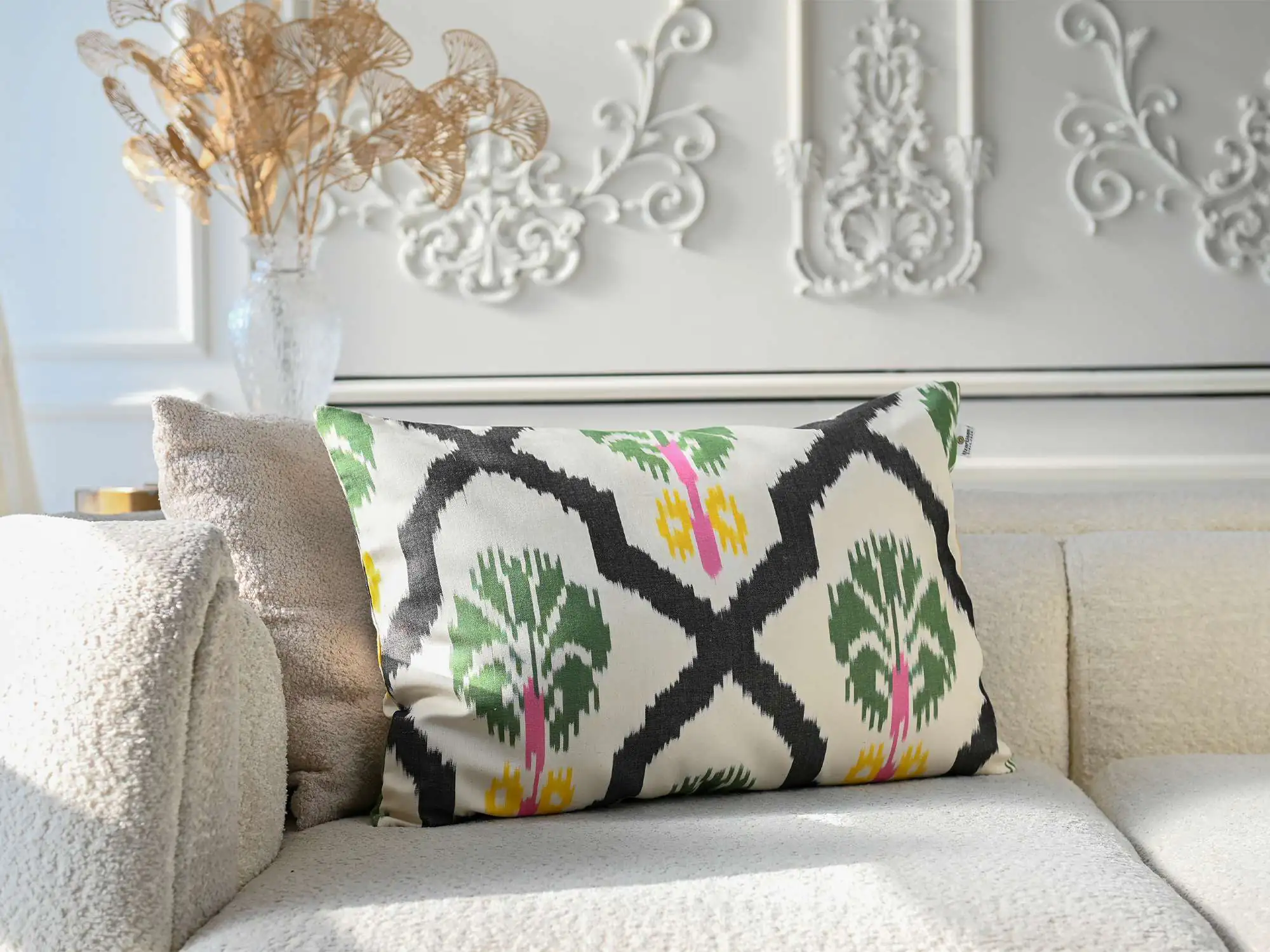 Black and Green Ikat Decorative Cushion Cover
