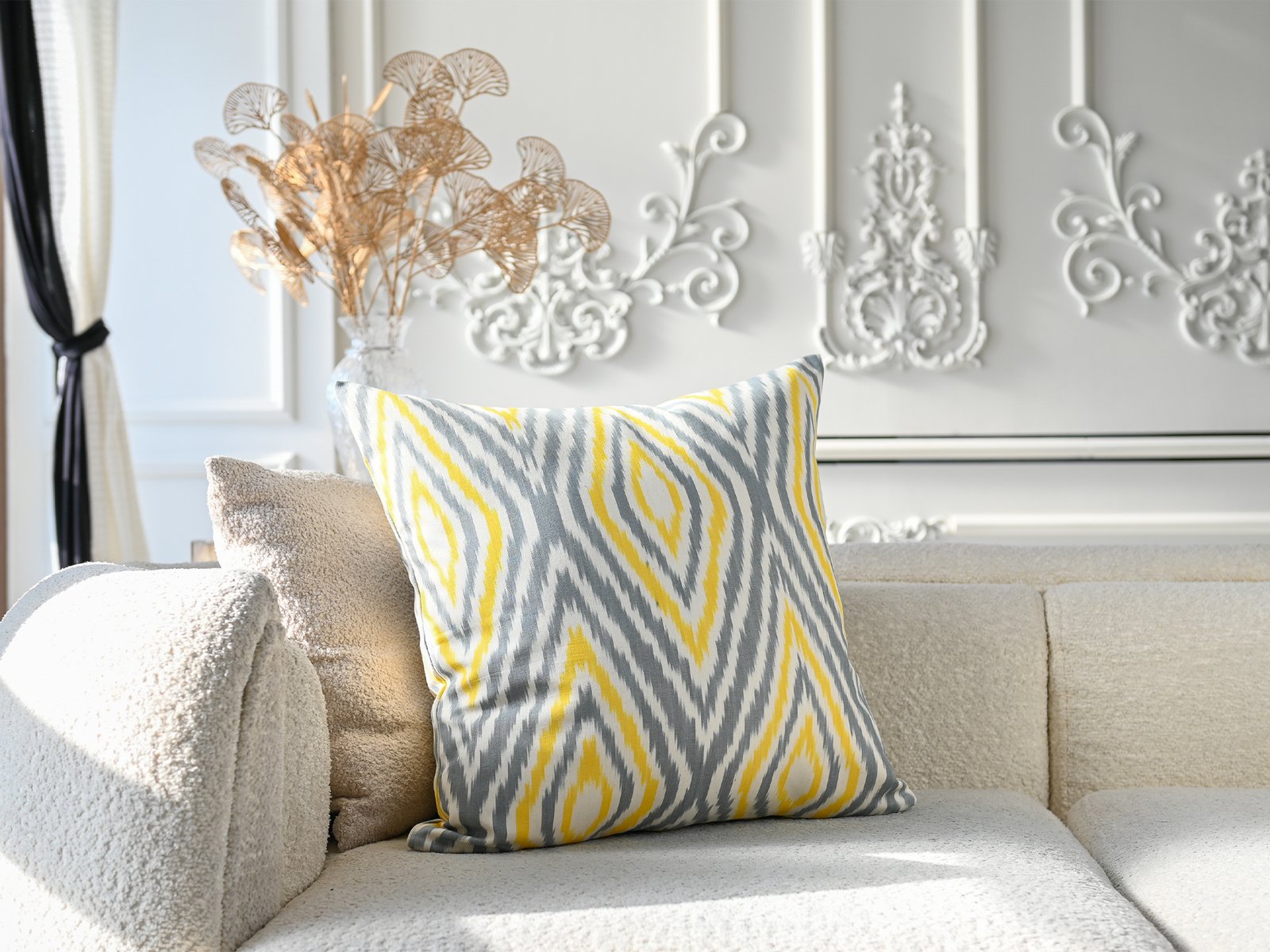 Yellow Gray Uzbek Ikat Cushion Cover - Image 3