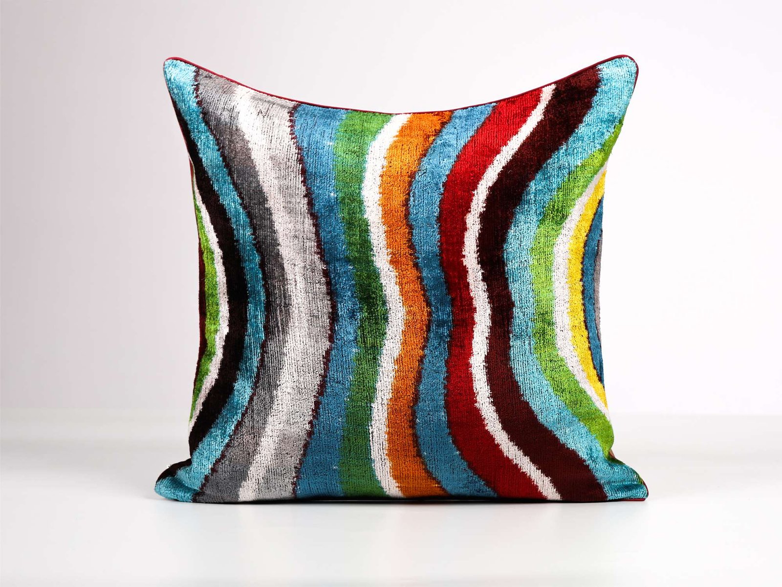 Multicolor Wave Handwoven Silk Velvet Ikat Pillow Cover - Image 2