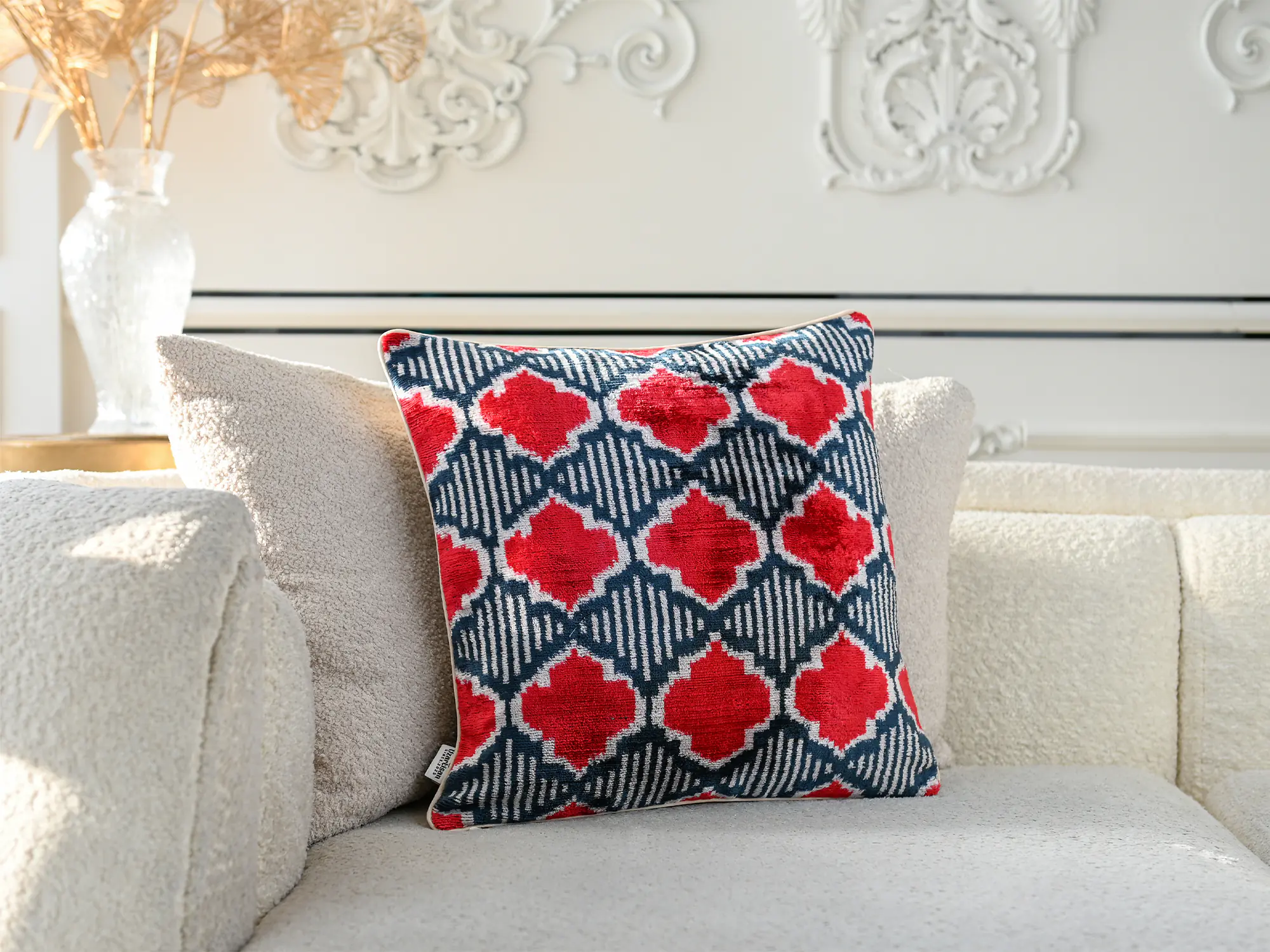 Red Navy Handwoven Silk Velvet Ikat Pillow Cover