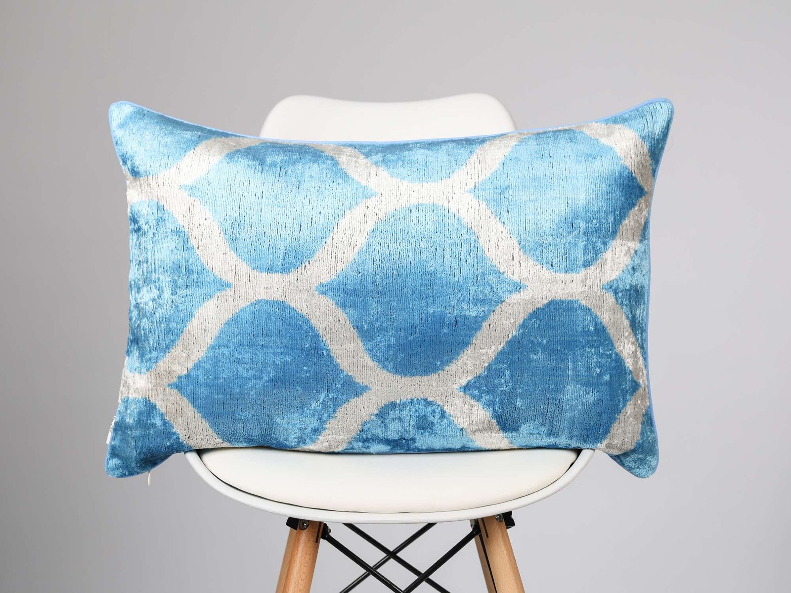 Blue Silver Handwoven Silk Velvet Ikat Lumbar Pillow Cover