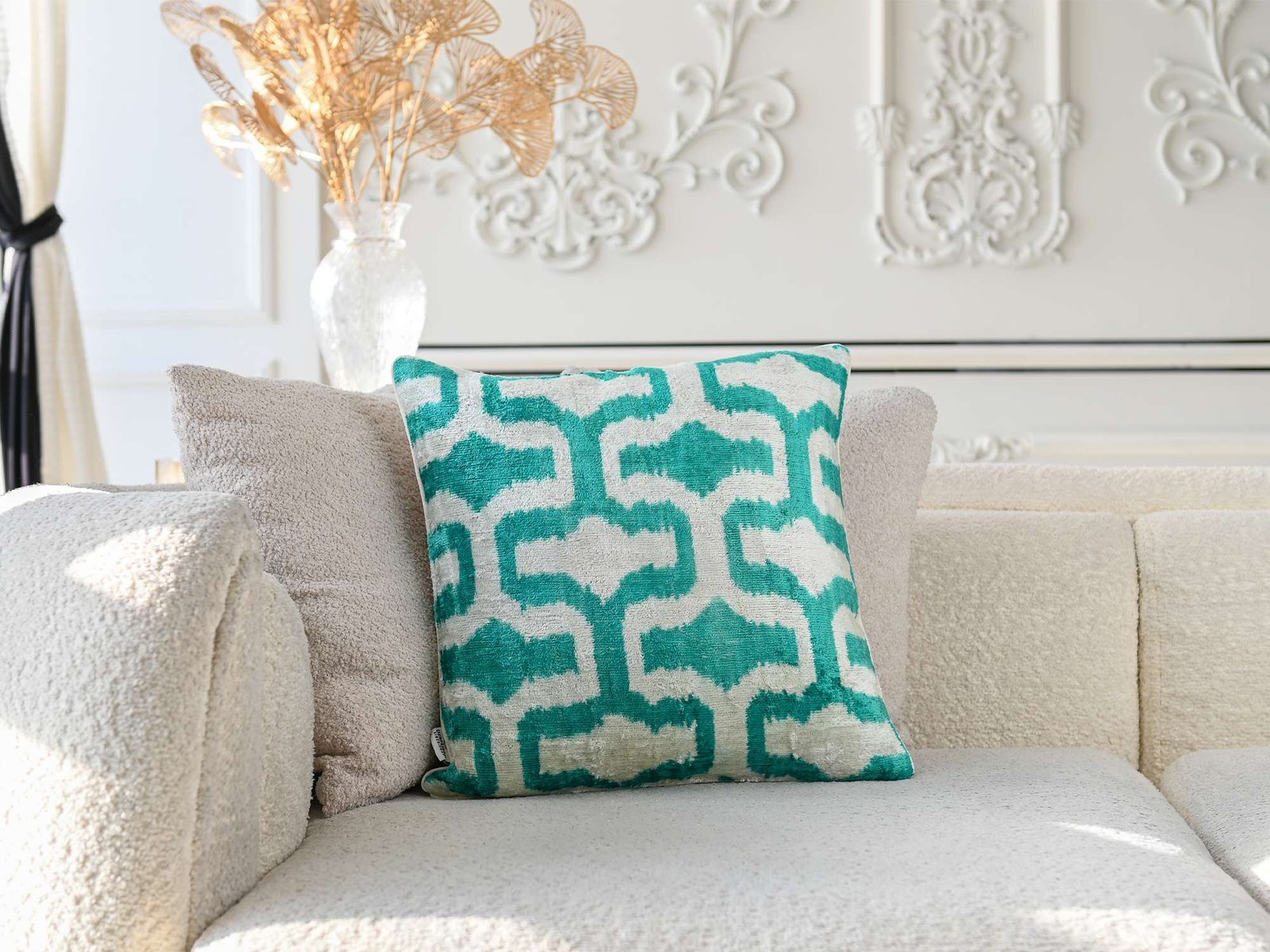 Teal Silk Velvet Geometric Ikat Pillow Cover - Image 9