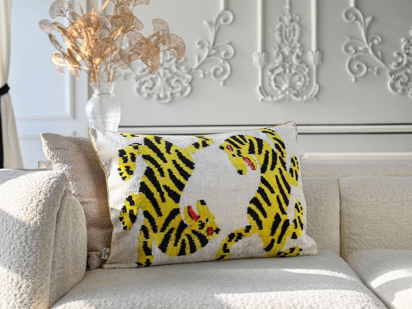Yellow Tiger Handwoven Silk Velvet Lumbar Pillow Cover - Image 3