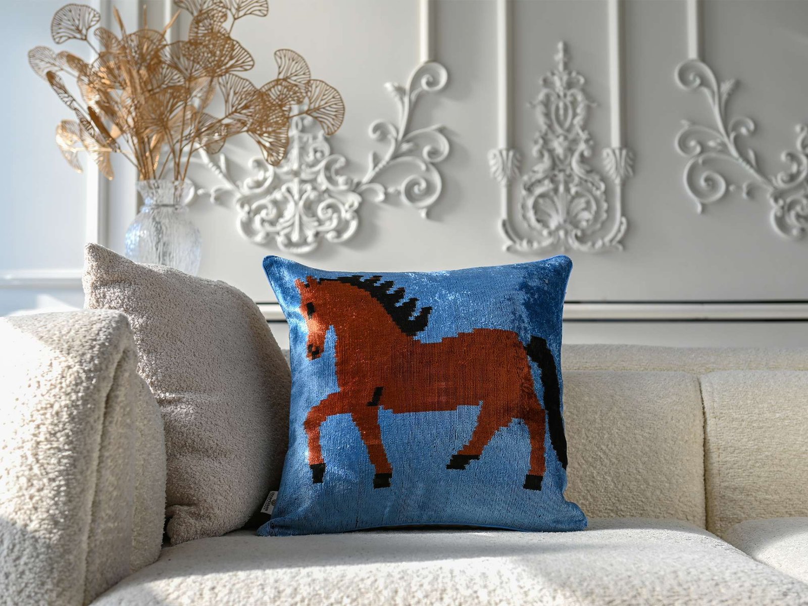 Horse Handwoven Silk Velvet Lumbar Pillow Cover - Image 5