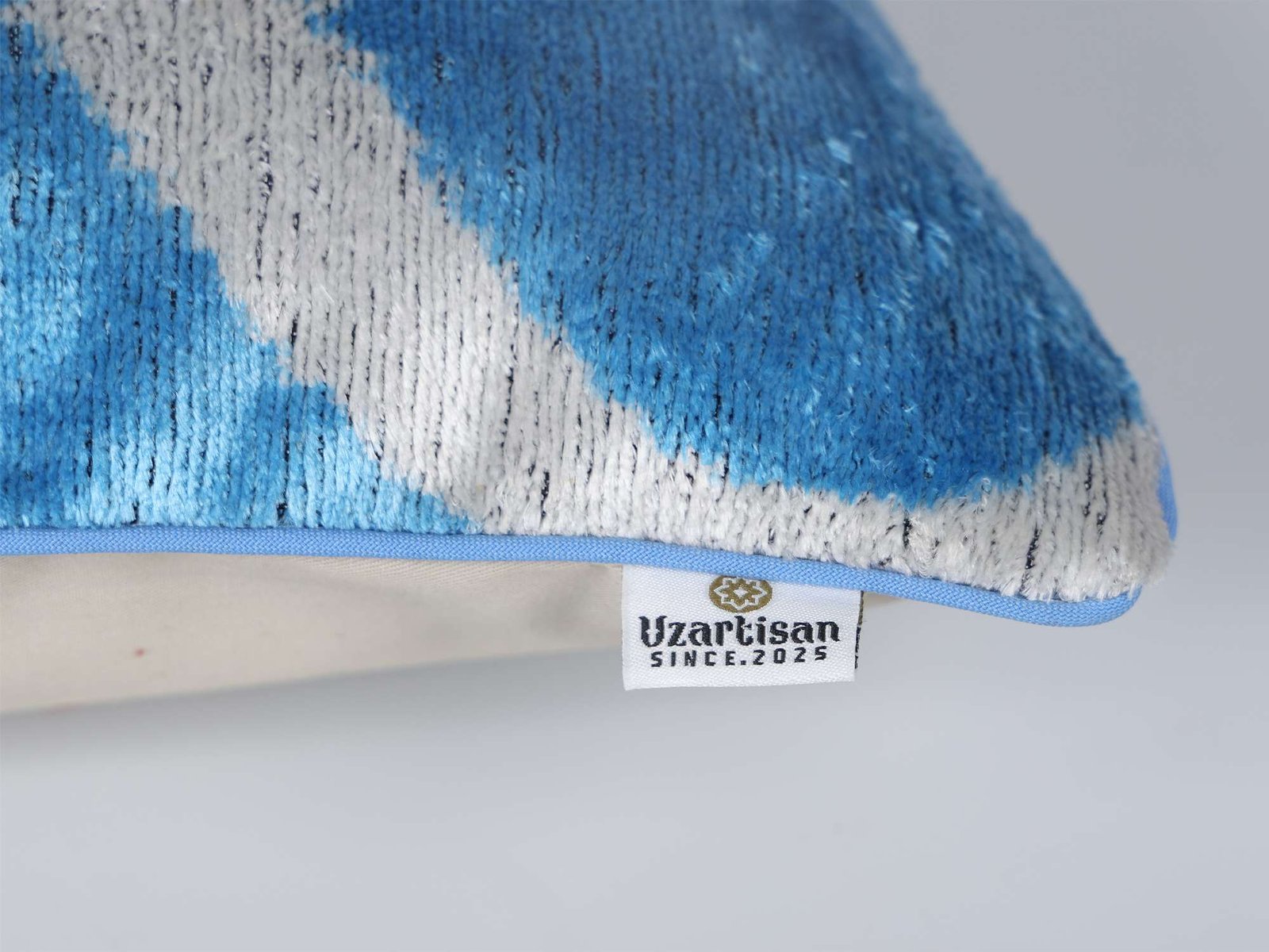 Blue Silver Handwoven Silk Velvet Ikat Lumbar Pillow Cover