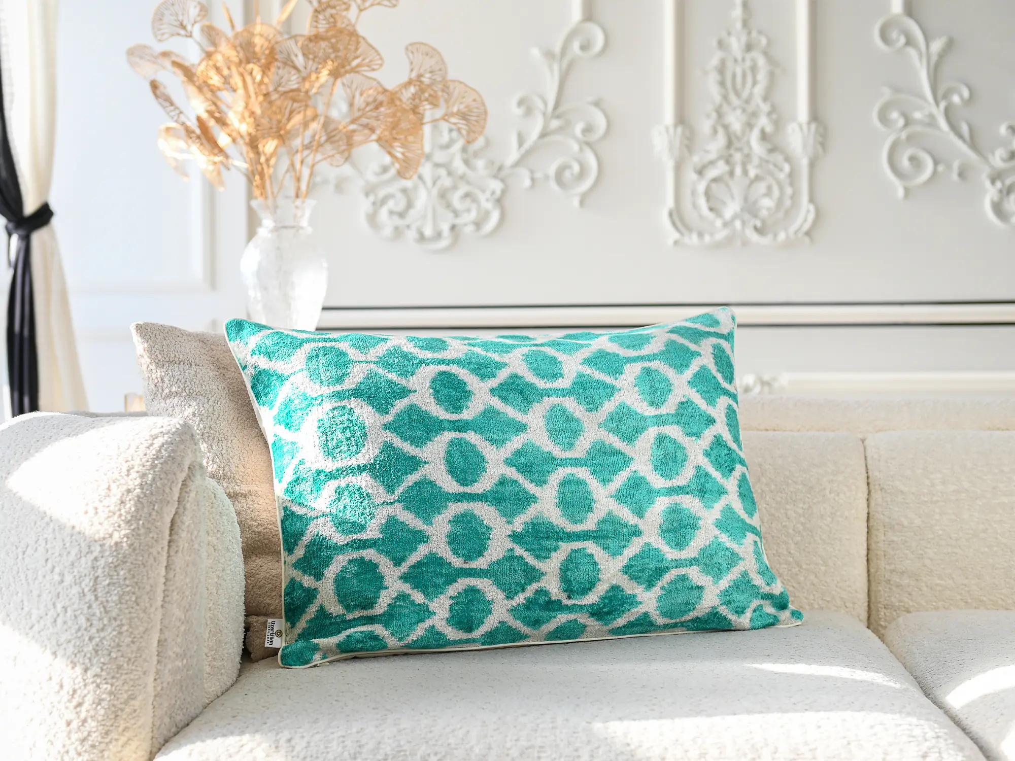 Teal Silk Velvet Ikat Pillow Cover