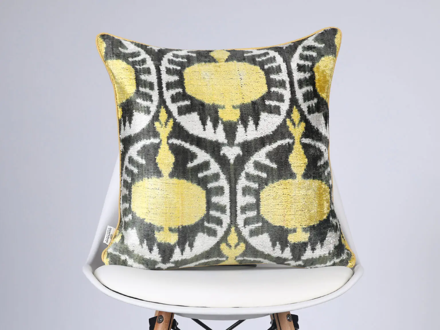 Grey Yellow Pomegranate Handwoven Silk Velvet Ikat Pillow Cover