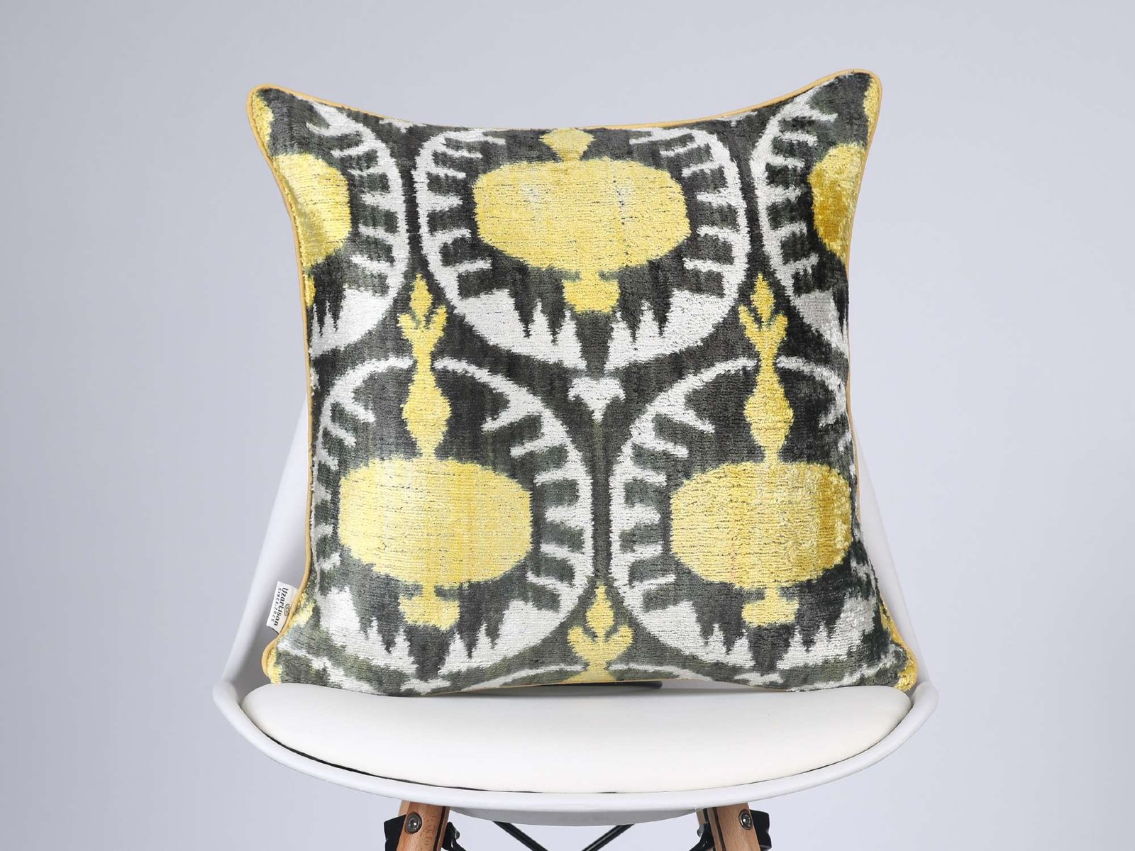 Grey Yellow Pomegranate Handwoven Silk Velvet Ikat Pillow Cover