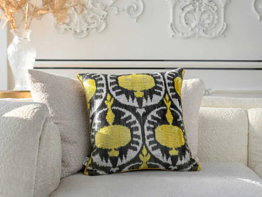 Grey Yellow Pomegranate Handwoven Silk Velvet Ikat Pillow Cover