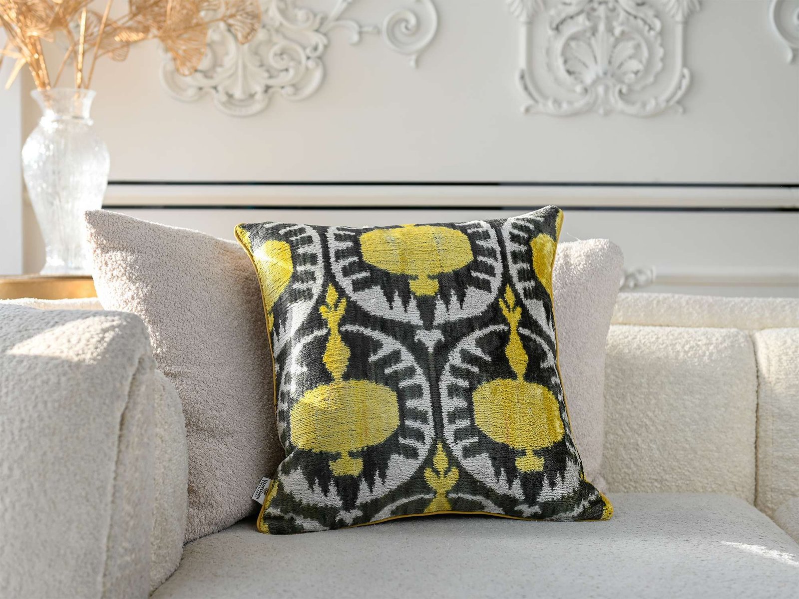 Grey Yellow Pomegranate Handwoven Silk Velvet Ikat Pillow Cover