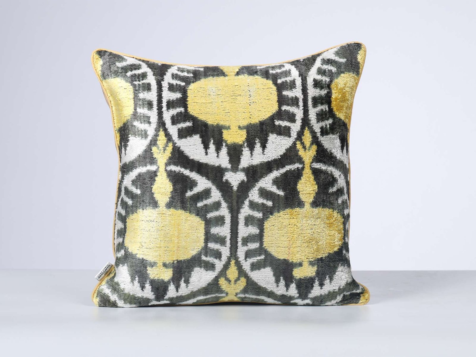 Grey Yellow Pomegranate Handwoven Silk Velvet Ikat Pillow Cover