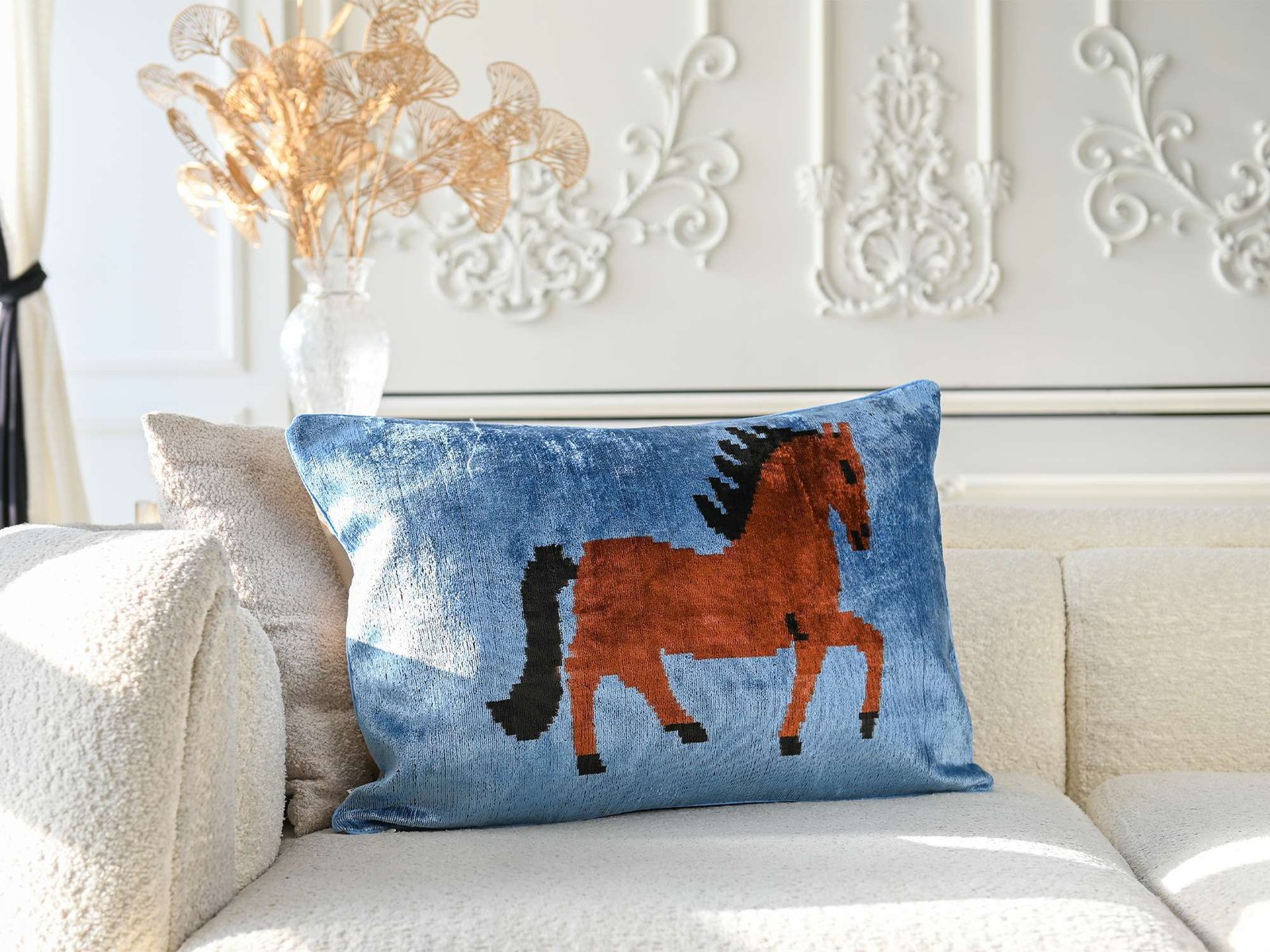Horse Handwoven Silk Velvet Lumbar Pillow Cover - Image 4