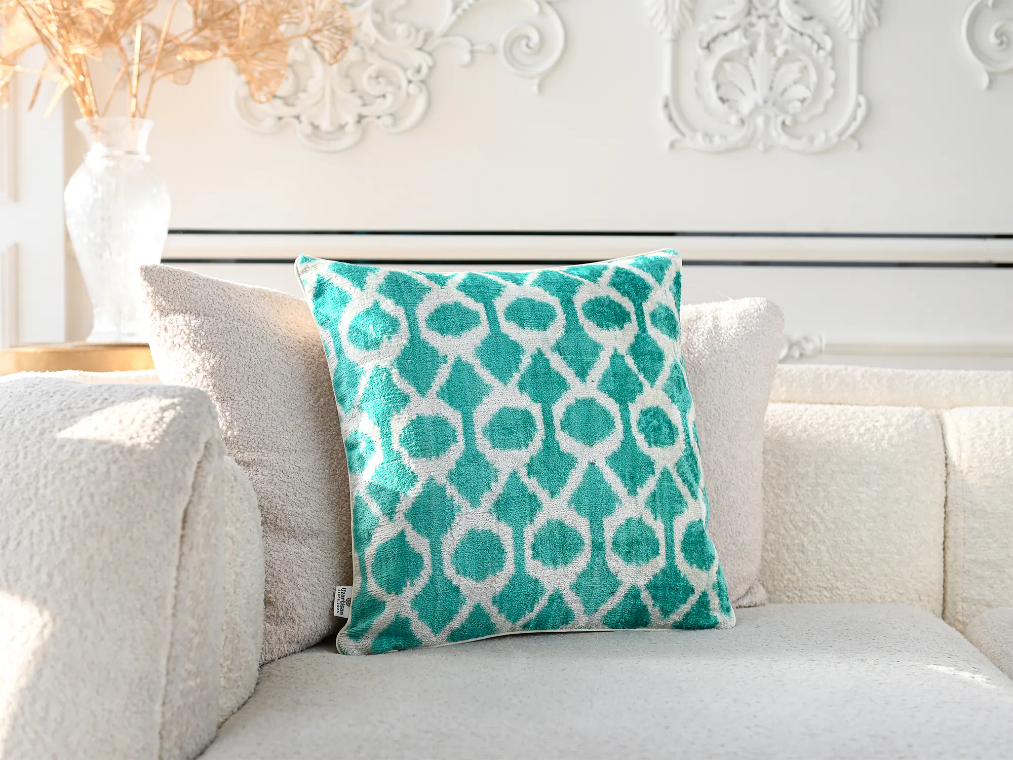 Teal Silk Velvet Ikat Pillow Cover