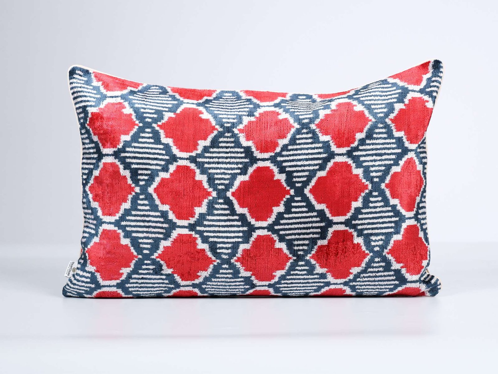 Red Navy Handwoven Silk Velvet Ikat Pillow Cover - Image 6