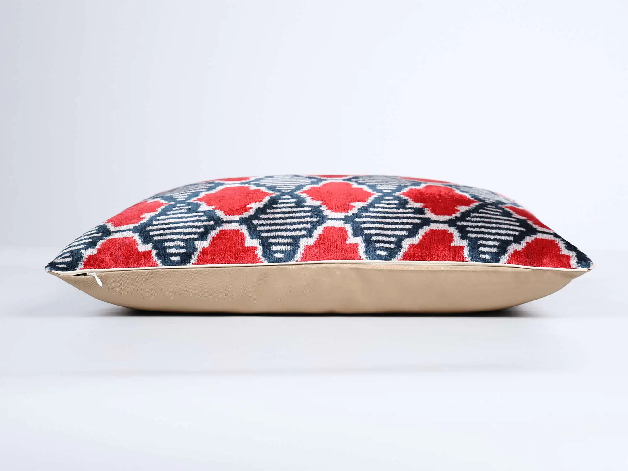 Red Navy Handwoven Silk Velvet Ikat Pillow Cover