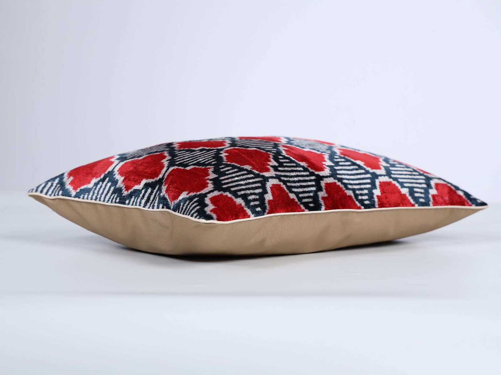 Red Navy Handwoven Silk Velvet Ikat Pillow Cover - Image 5