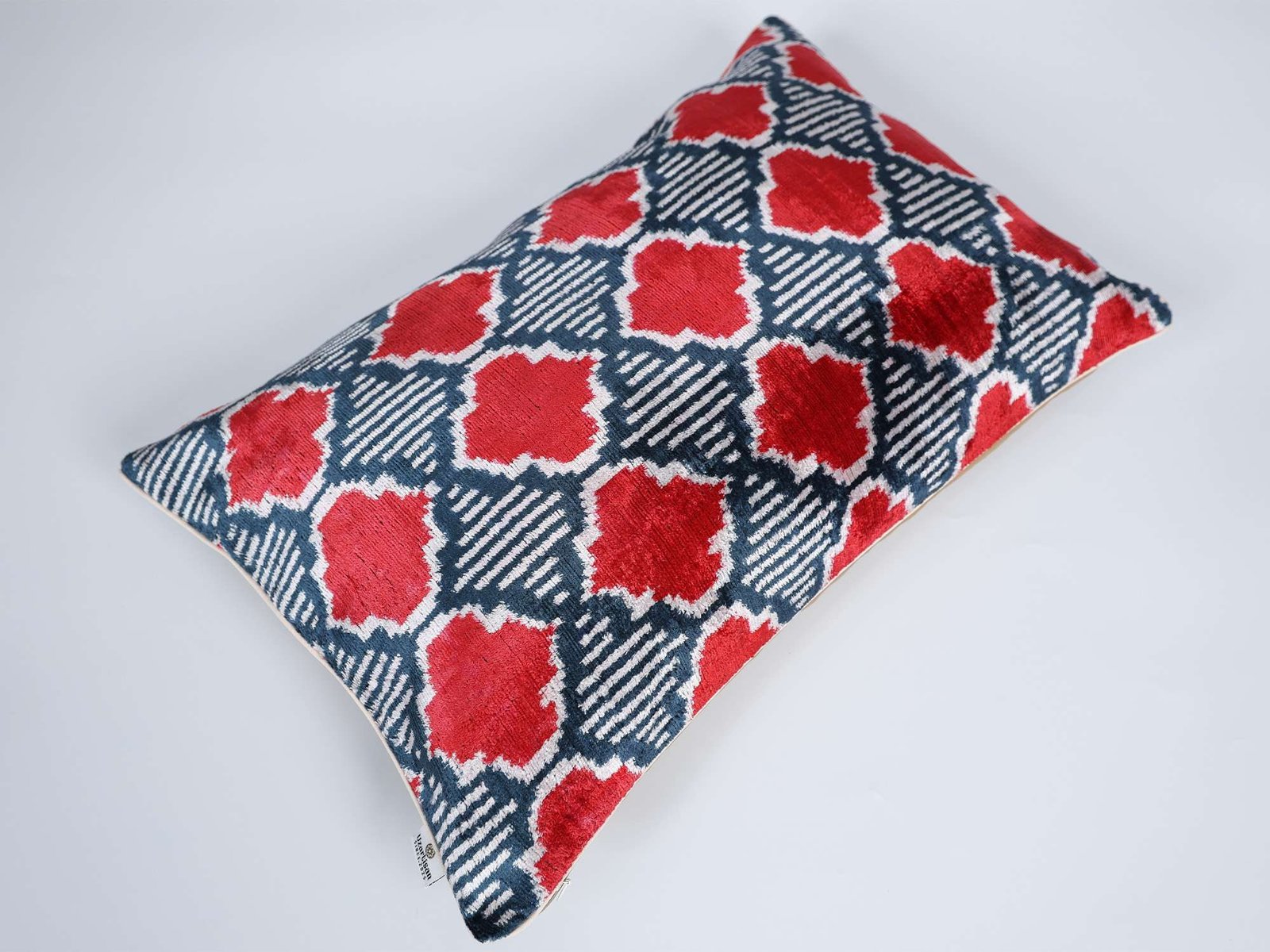 Red Navy Handwoven Silk Velvet Ikat Pillow Cover - Image 4