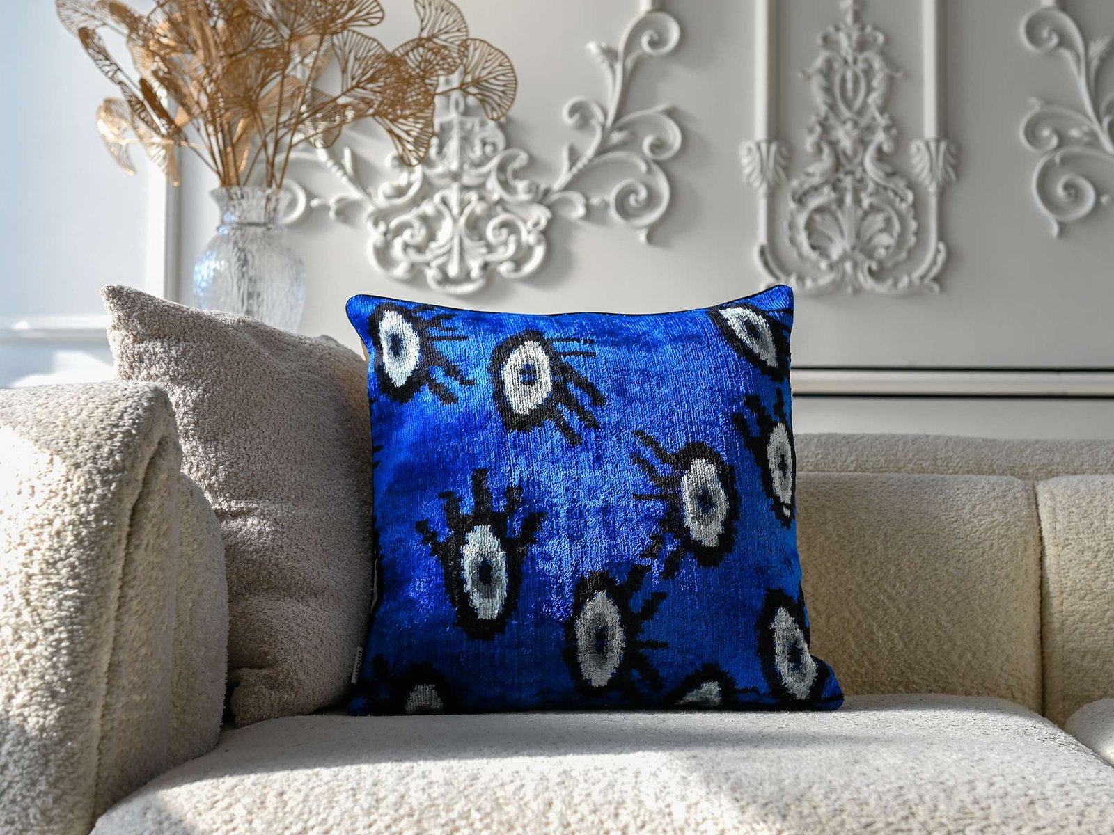 Evil Eye Handwoven Silk Velvet Ikat Lumbar Pillow Cover