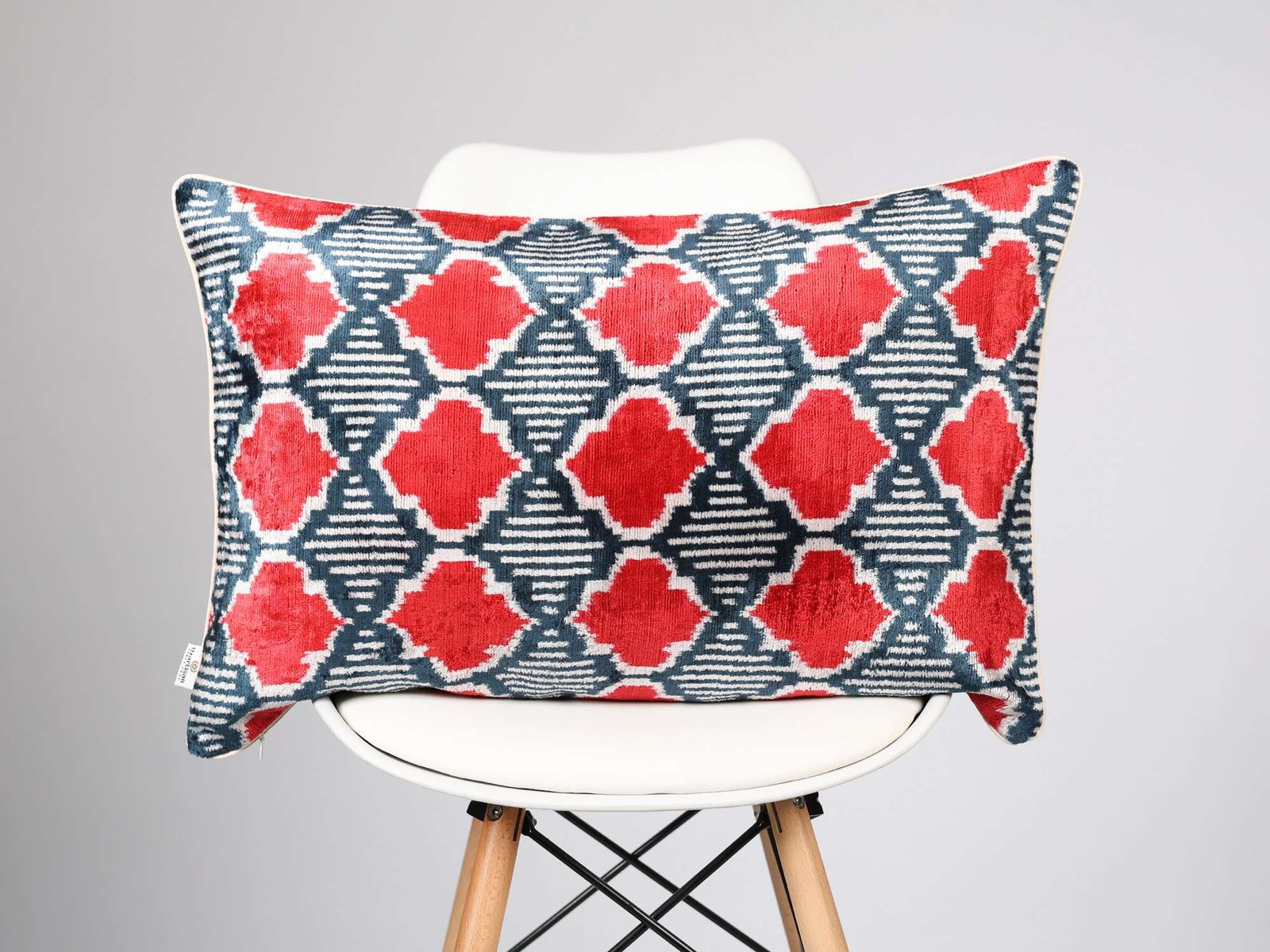 Red Navy Handwoven Silk Velvet Ikat Pillow Cover - Image 3