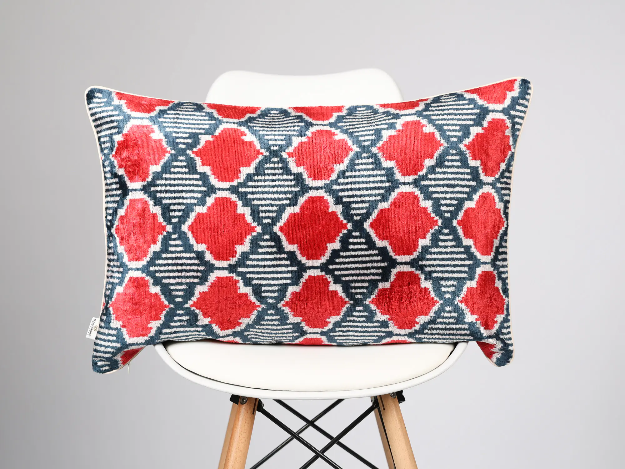 Red Navy Handwoven Silk Velvet Ikat Pillow Cover