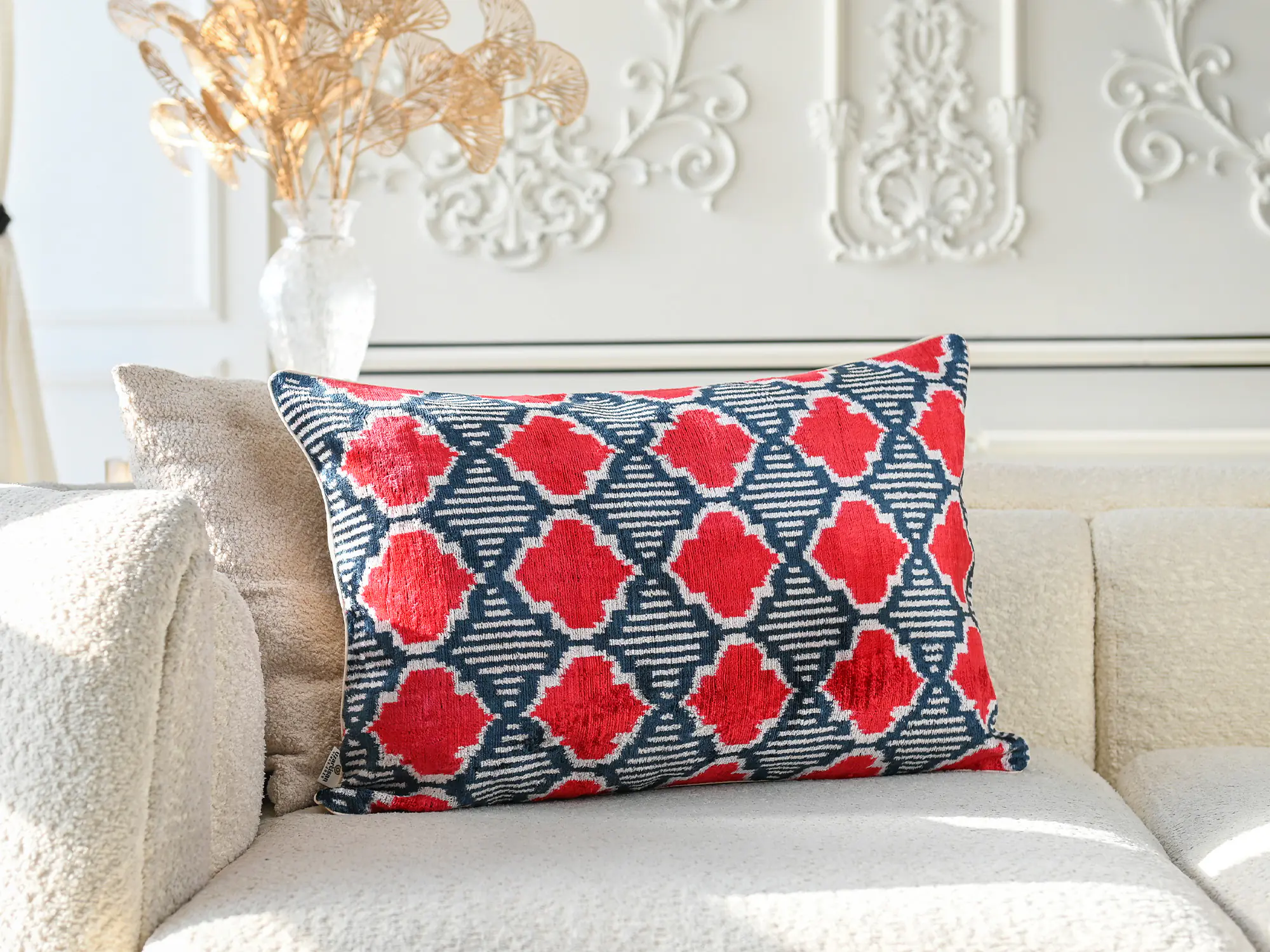 Red Navy Handwoven Silk Velvet Ikat Pillow Cover