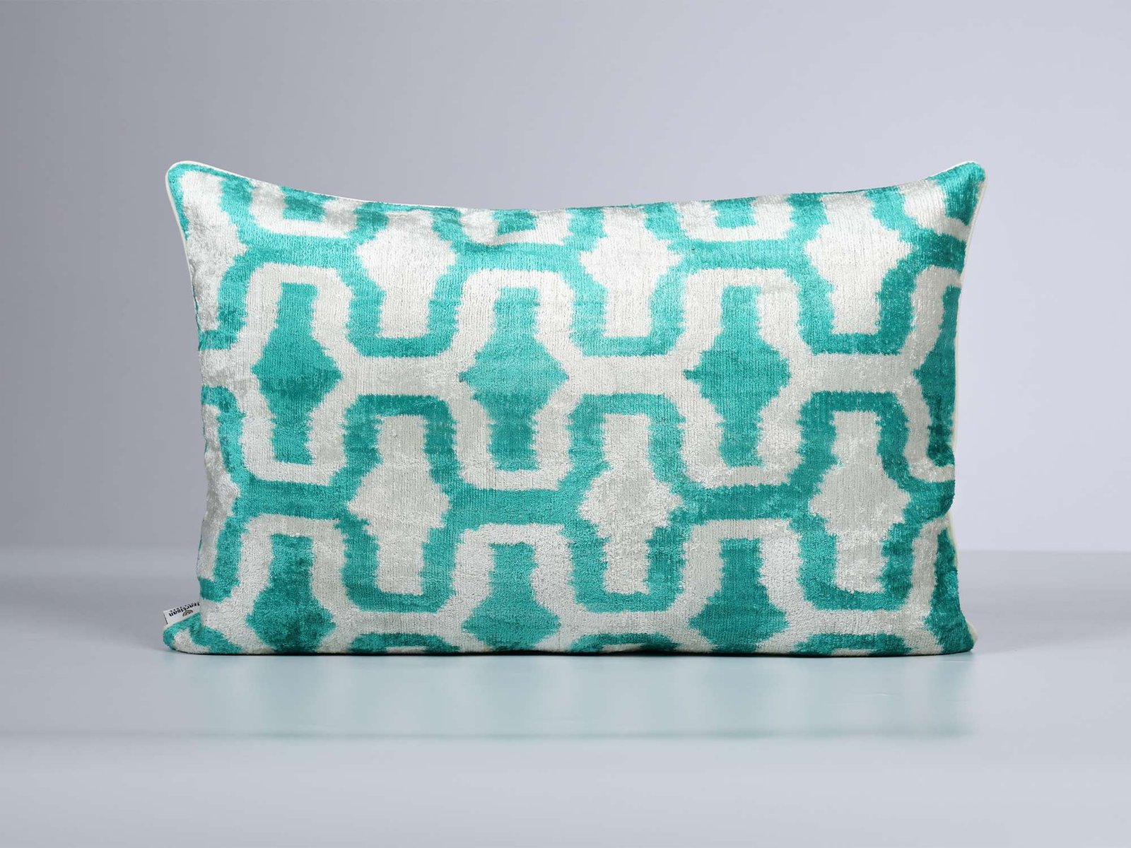 Teal Silk Velvet Geometric Ikat Pillow Cover - Image 2