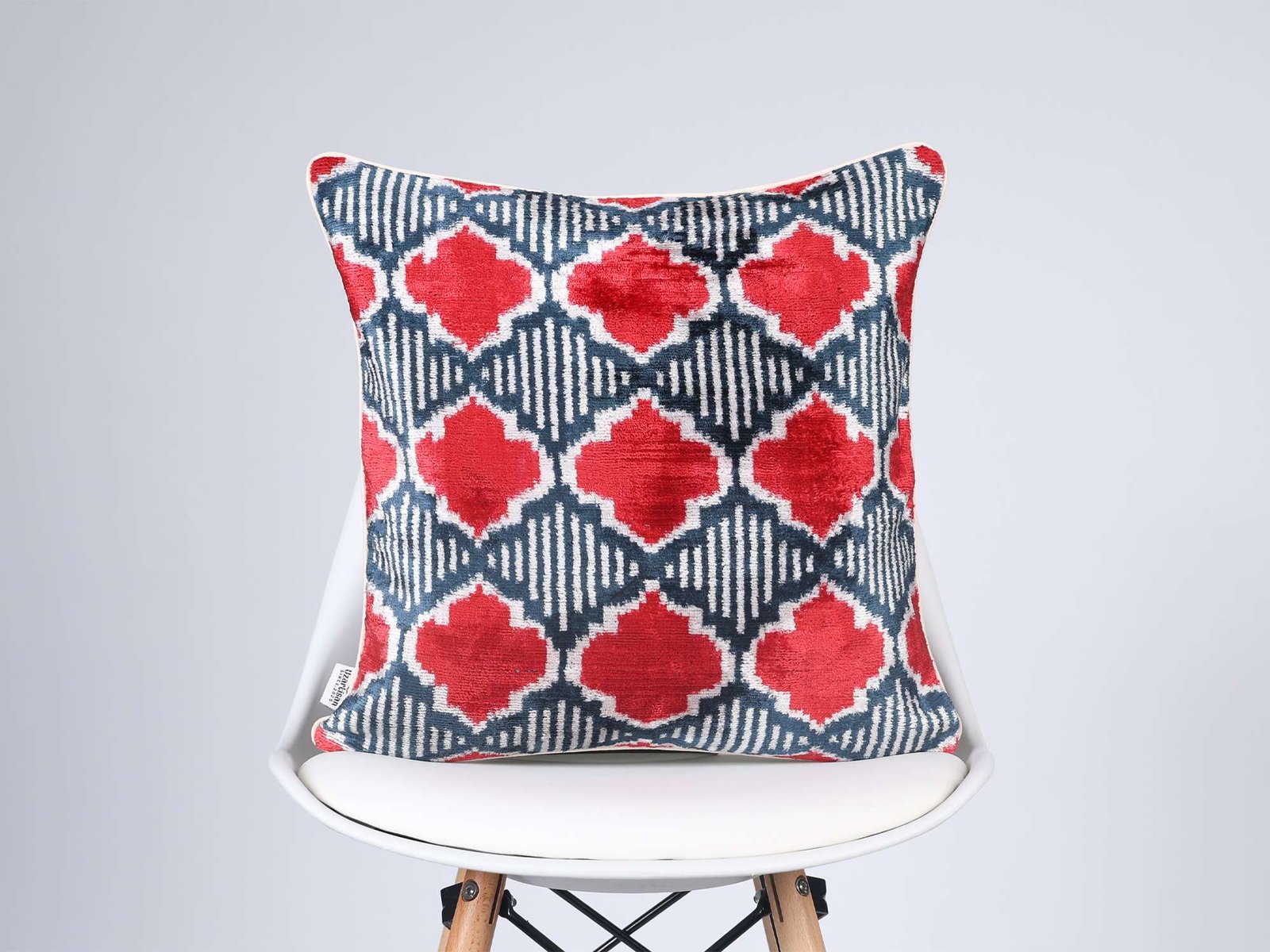 Red Navy Handwoven Silk Velvet Ikat Pillow Cover