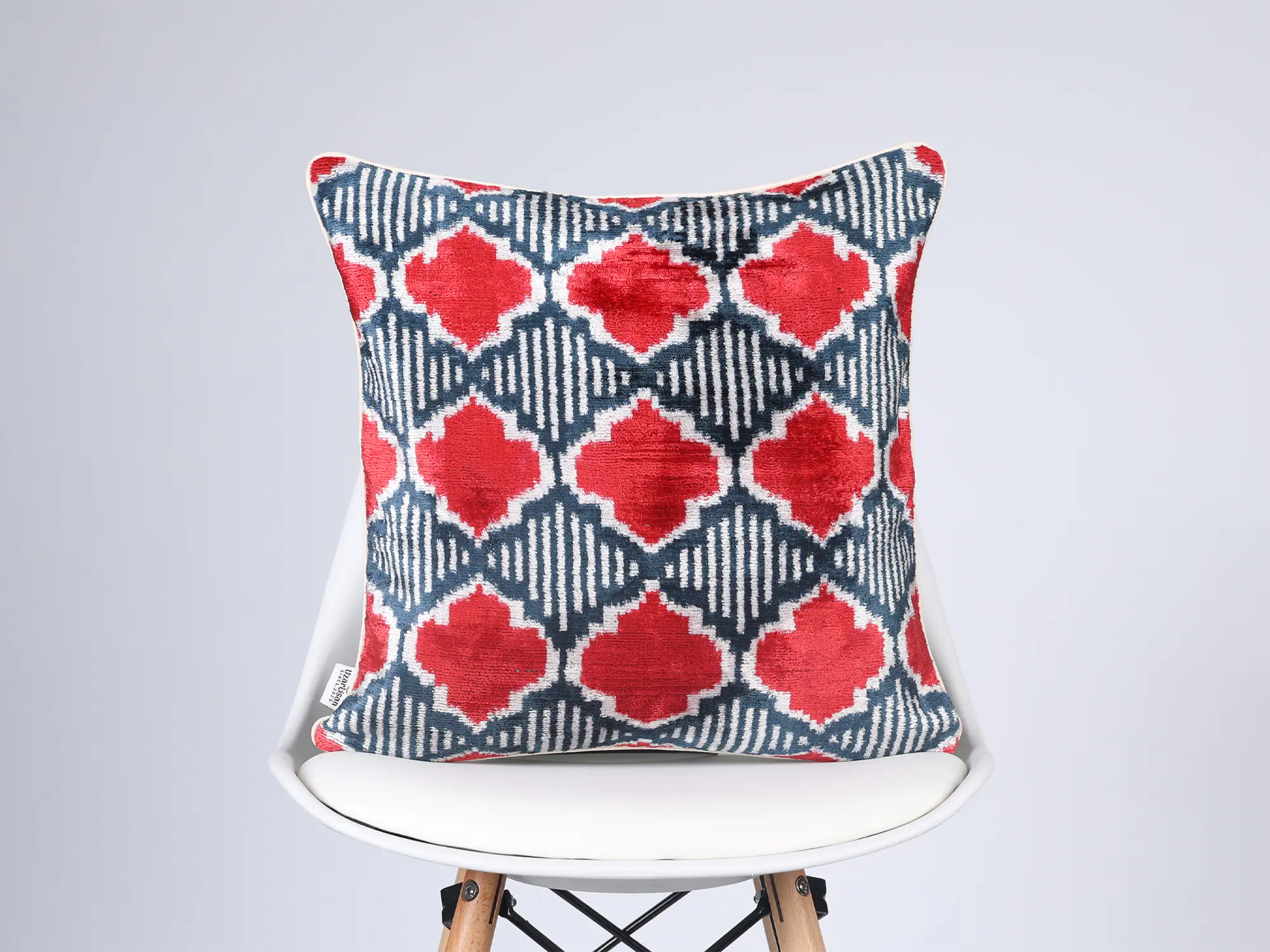 Red Navy Handwoven Silk Velvet Ikat Pillow Cover