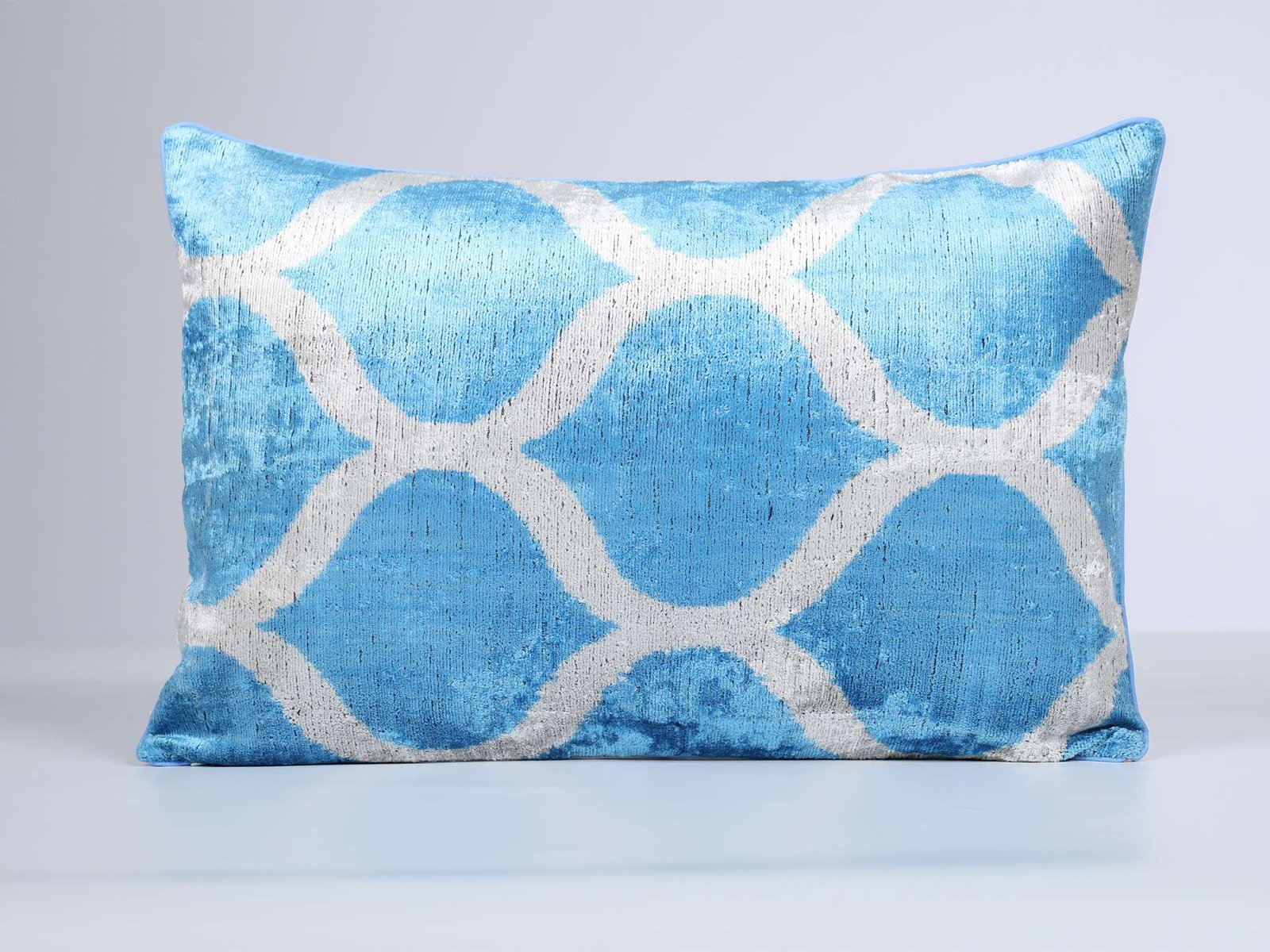 Blue Silver Handwoven Silk Velvet Ikat Lumbar Pillow Cover