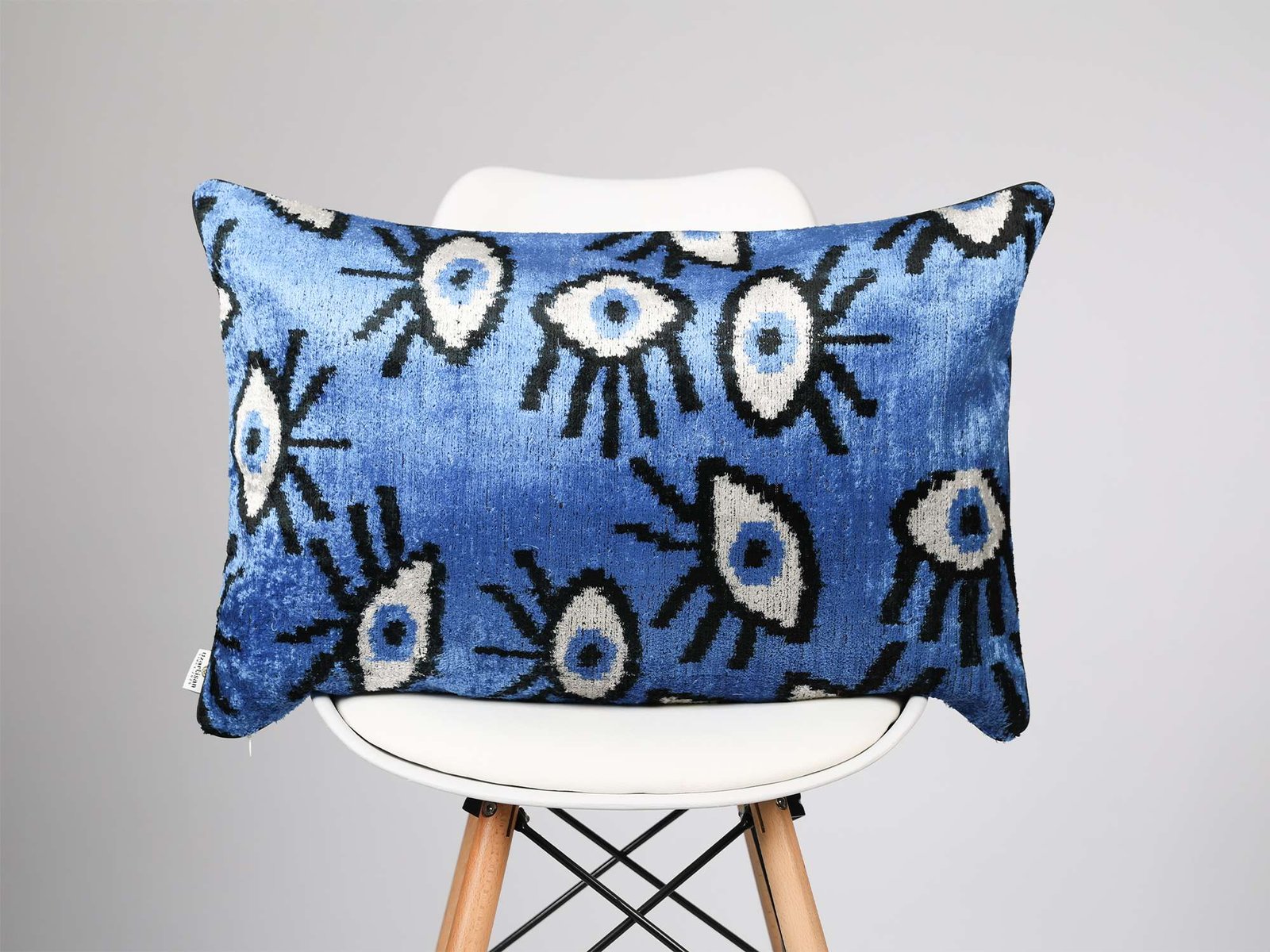 Royal Blue Evil Eye Handwoven Silk Velvet Lumbar Pillow Cover