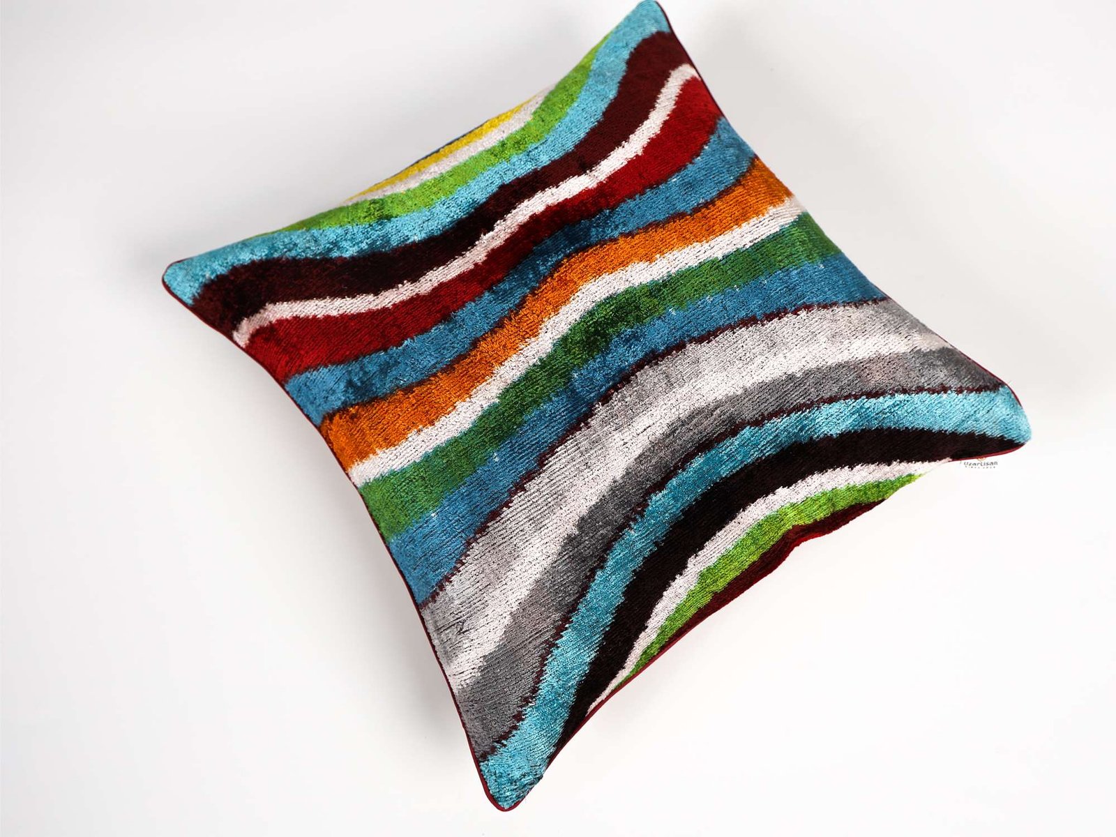 Multicolor Wave Handwoven Silk Velvet Ikat Pillow Cover - Image 4