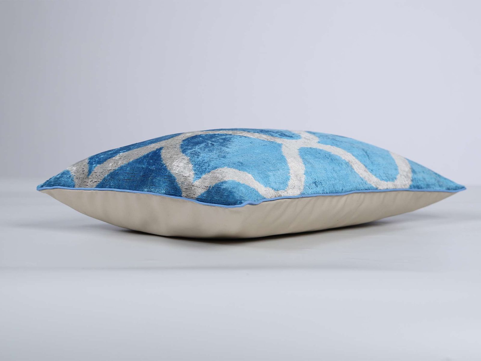 Blue Silver Handwoven Silk Velvet Ikat Lumbar Pillow Cover