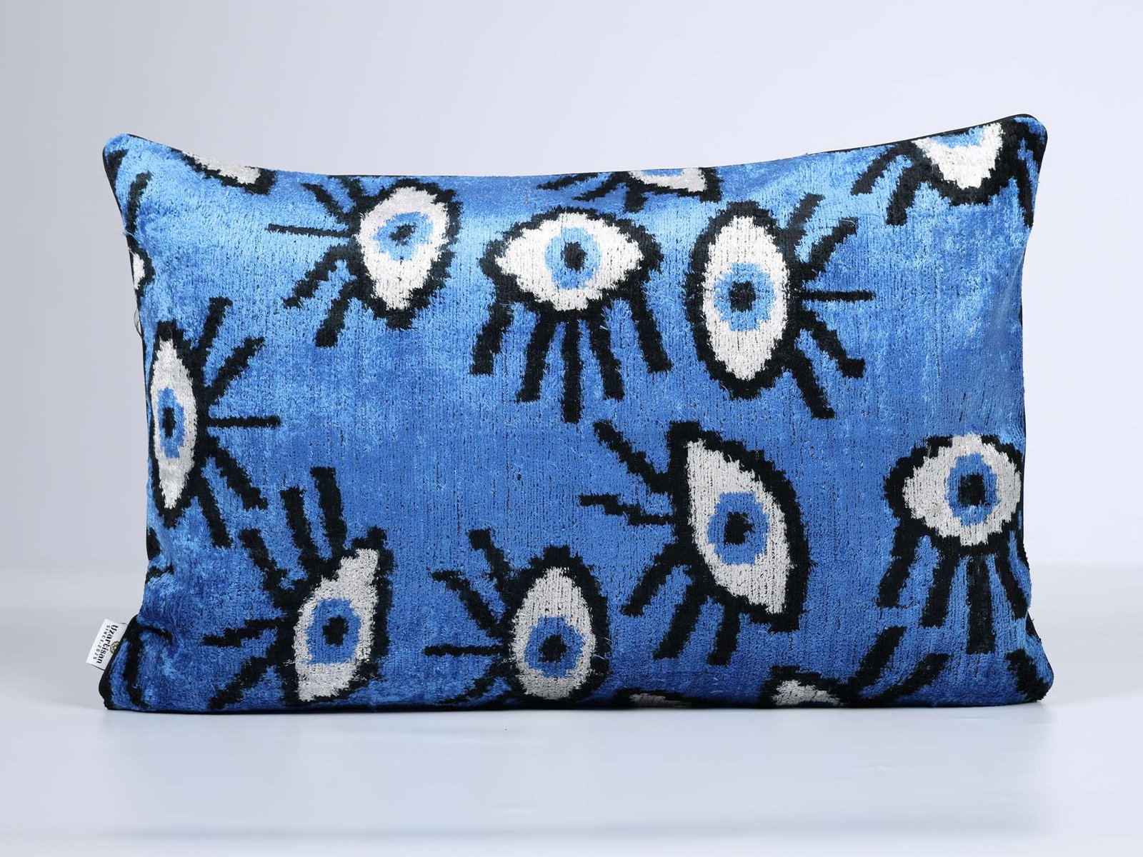 Royal Blue Evil Eye Handwoven Silk Velvet Lumbar Pillow Cover