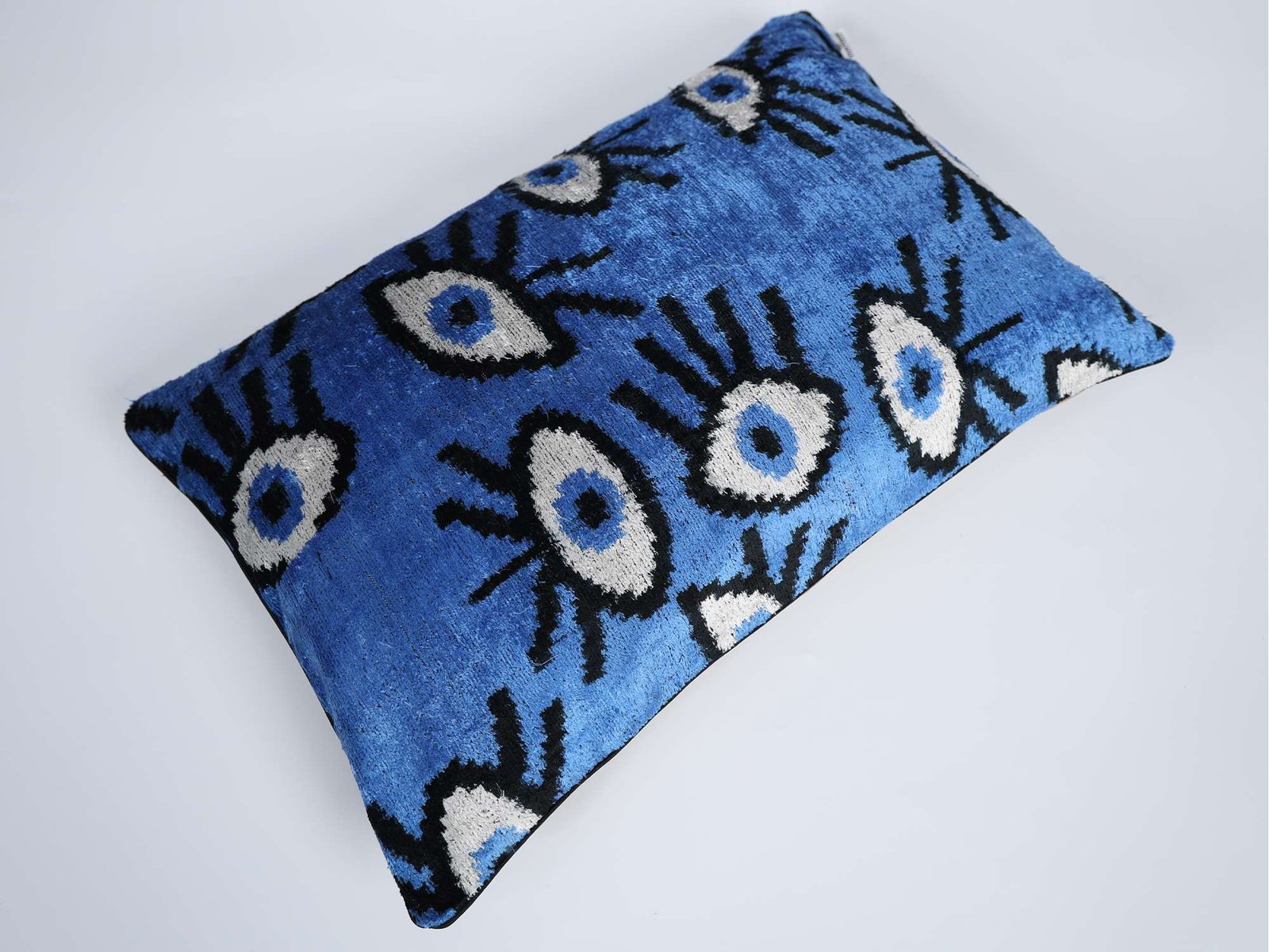 Royal Blue Evil Eye Handwoven Silk Velvet Lumbar Pillow Cover