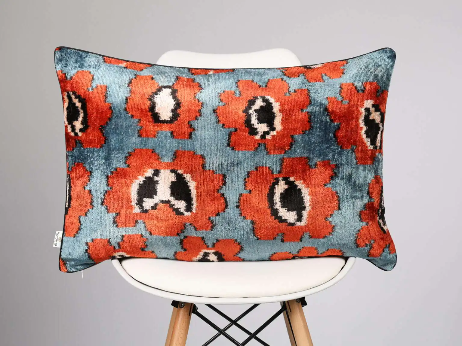 Orange Floral Handwoven Silk Velvet Ikat Pillow Cover