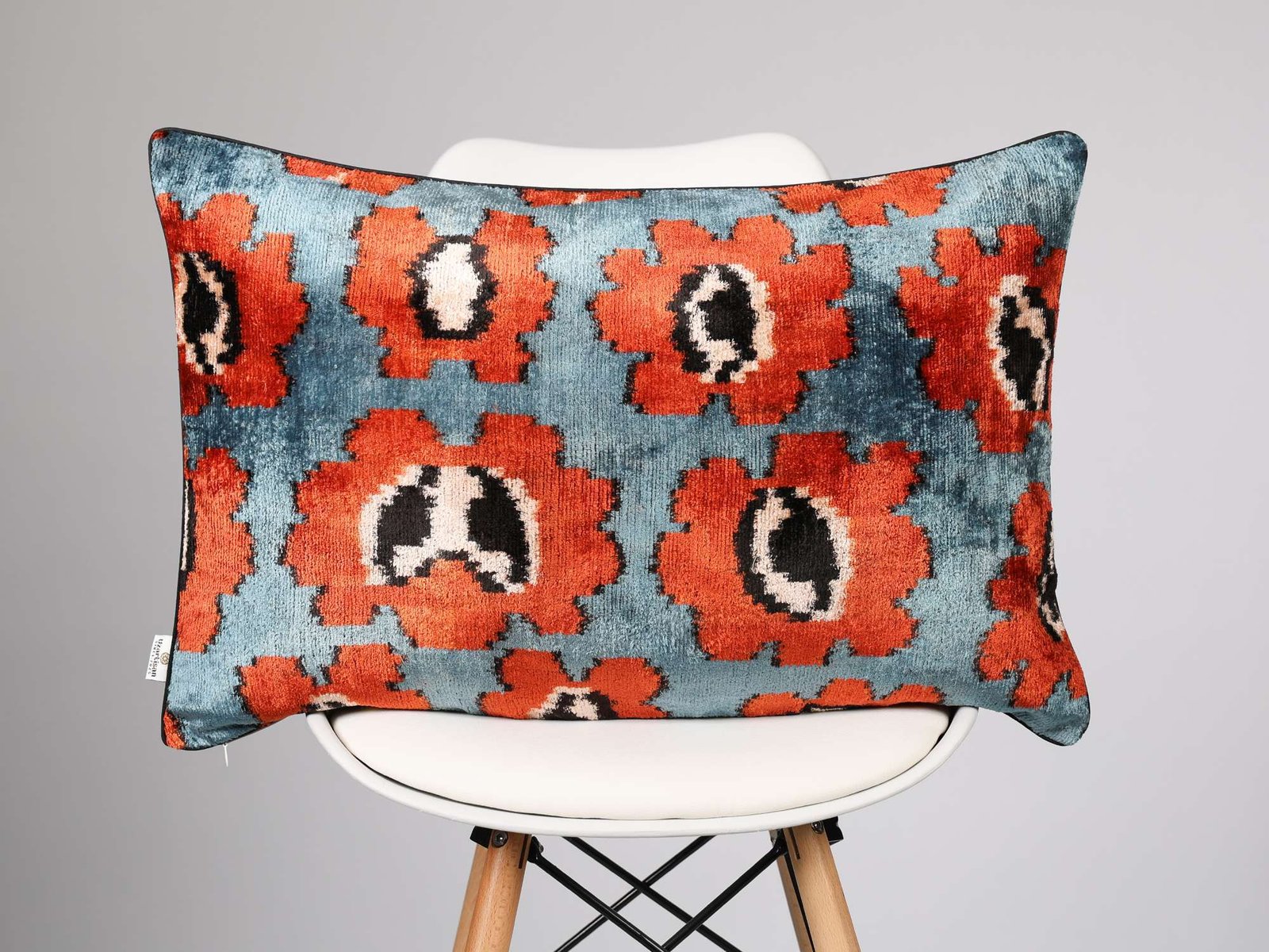 Orange Floral Handwoven Silk Velvet Ikat Pillow Cover