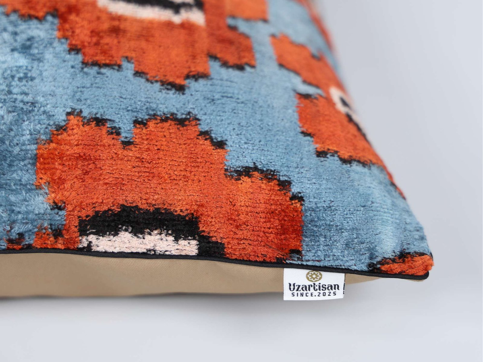 Orange Floral Handwoven Silk Velvet Ikat Pillow Cover