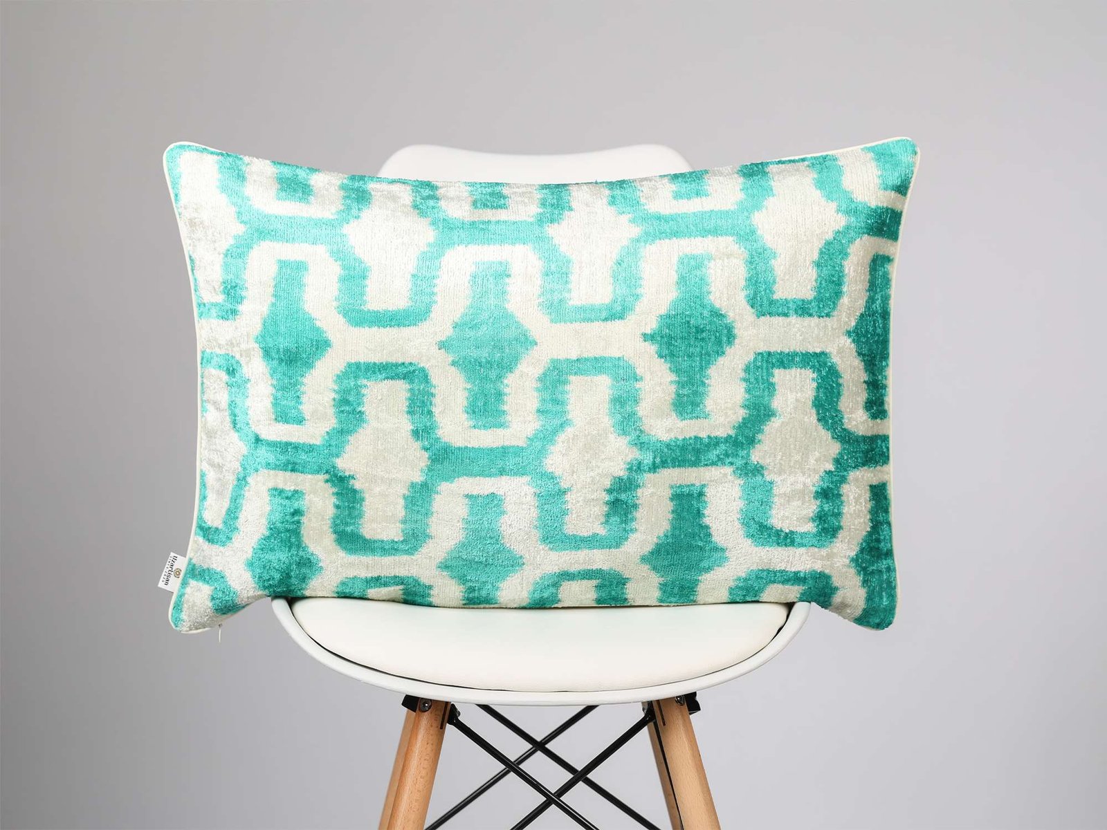 Teal Silk Velvet Geometric Ikat Pillow Cover - Image 4