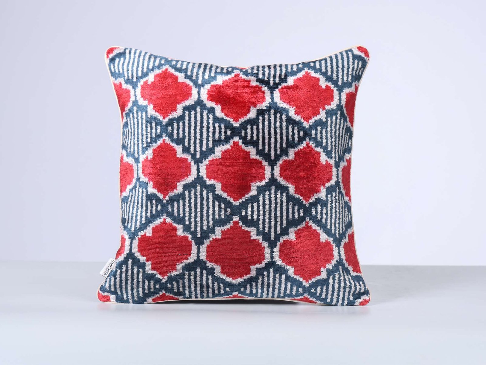 Red Navy Handwoven Silk Velvet Ikat Pillow Cover - Image 2