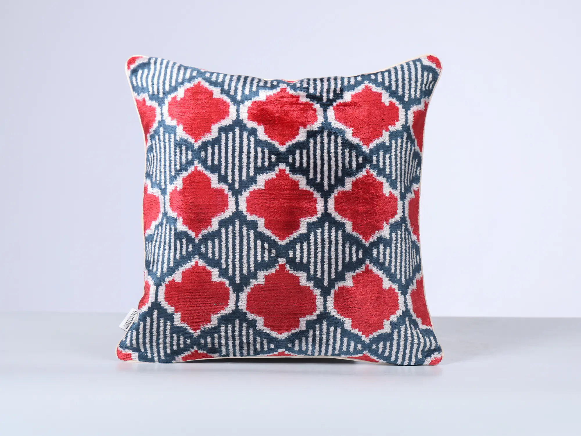 Red Navy Handwoven Silk Velvet Ikat Pillow Cover