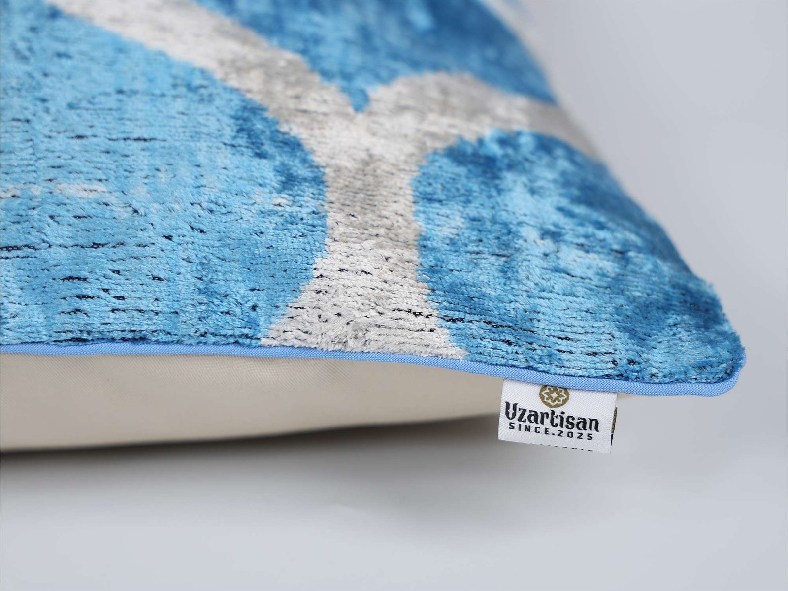 Blue Silver Handwoven Silk Velvet Ikat Lumbar Pillow Cover