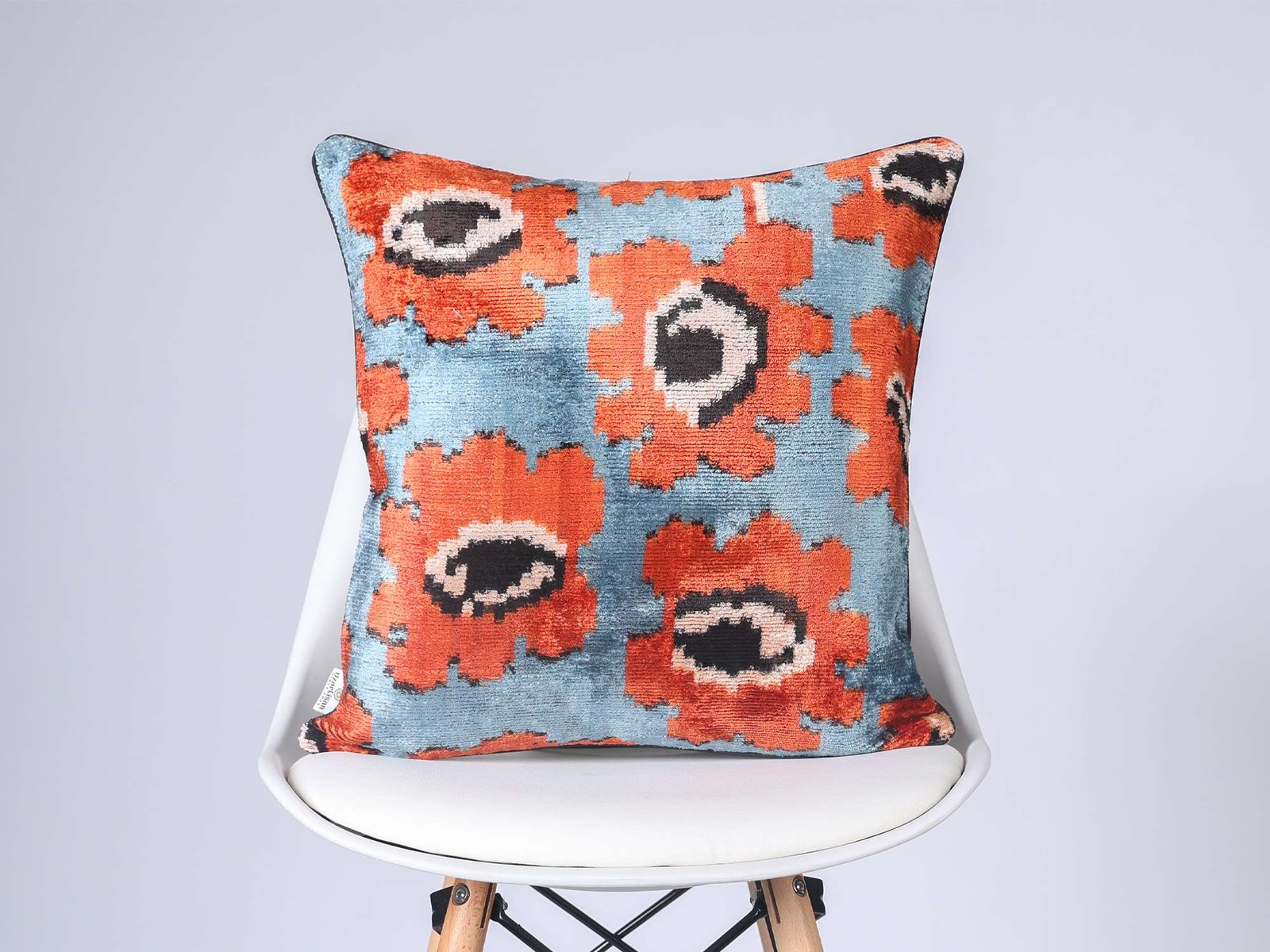 Orange Floral Handwoven Silk Velvet Ikat Pillow Cover