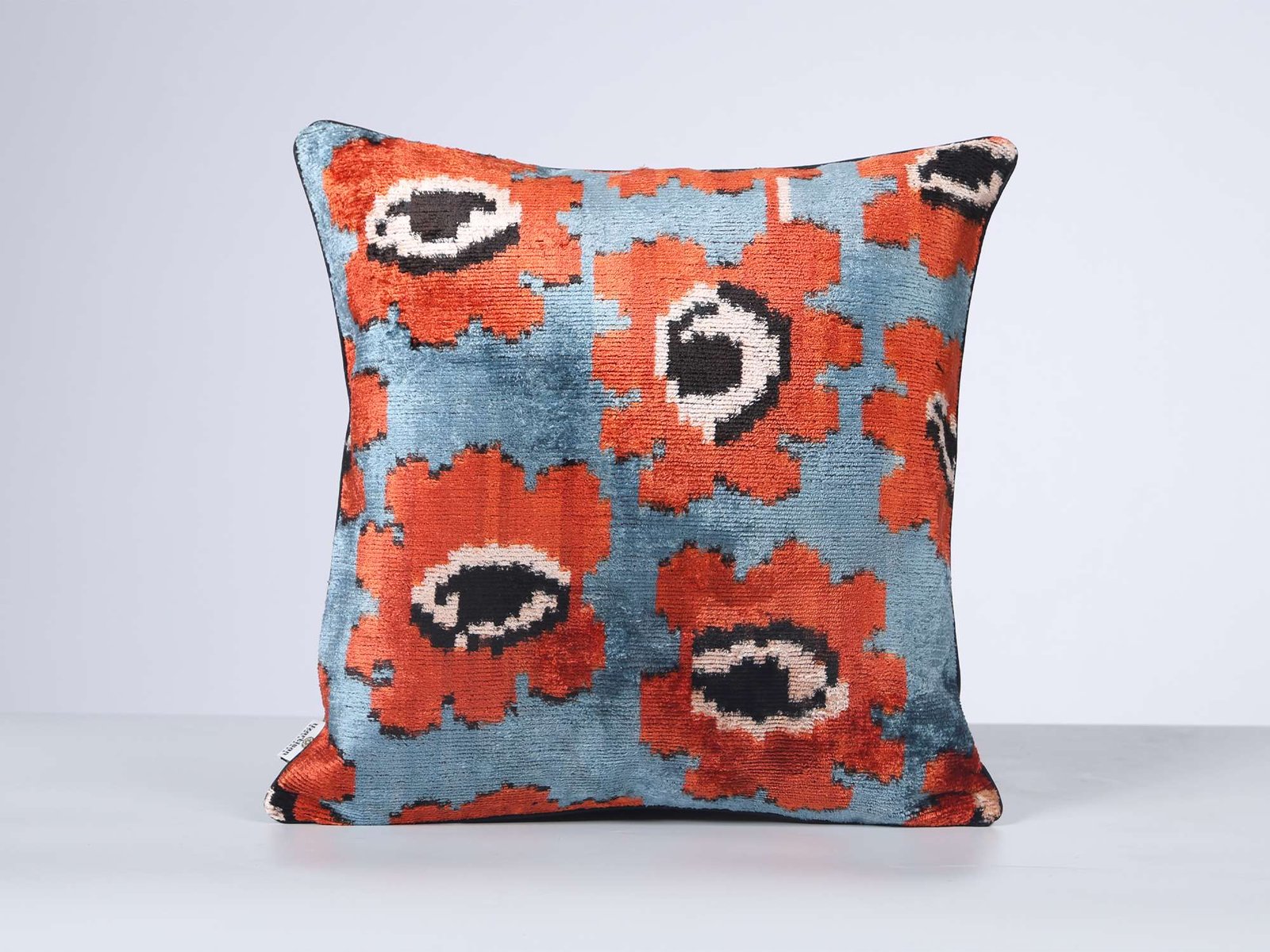 Orange Floral Handwoven Silk Velvet Ikat Pillow Cover