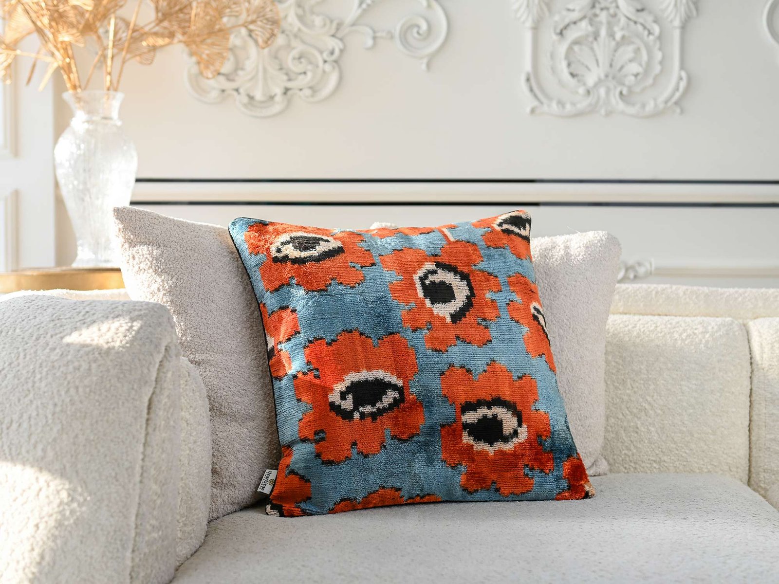 Orange Floral Handwoven Silk Velvet Ikat Pillow Cover