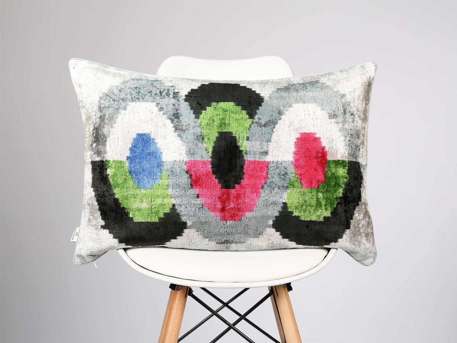 Silver Multicolor Handwoven Silk Velvet Ikat Lumbar Pillow Cover