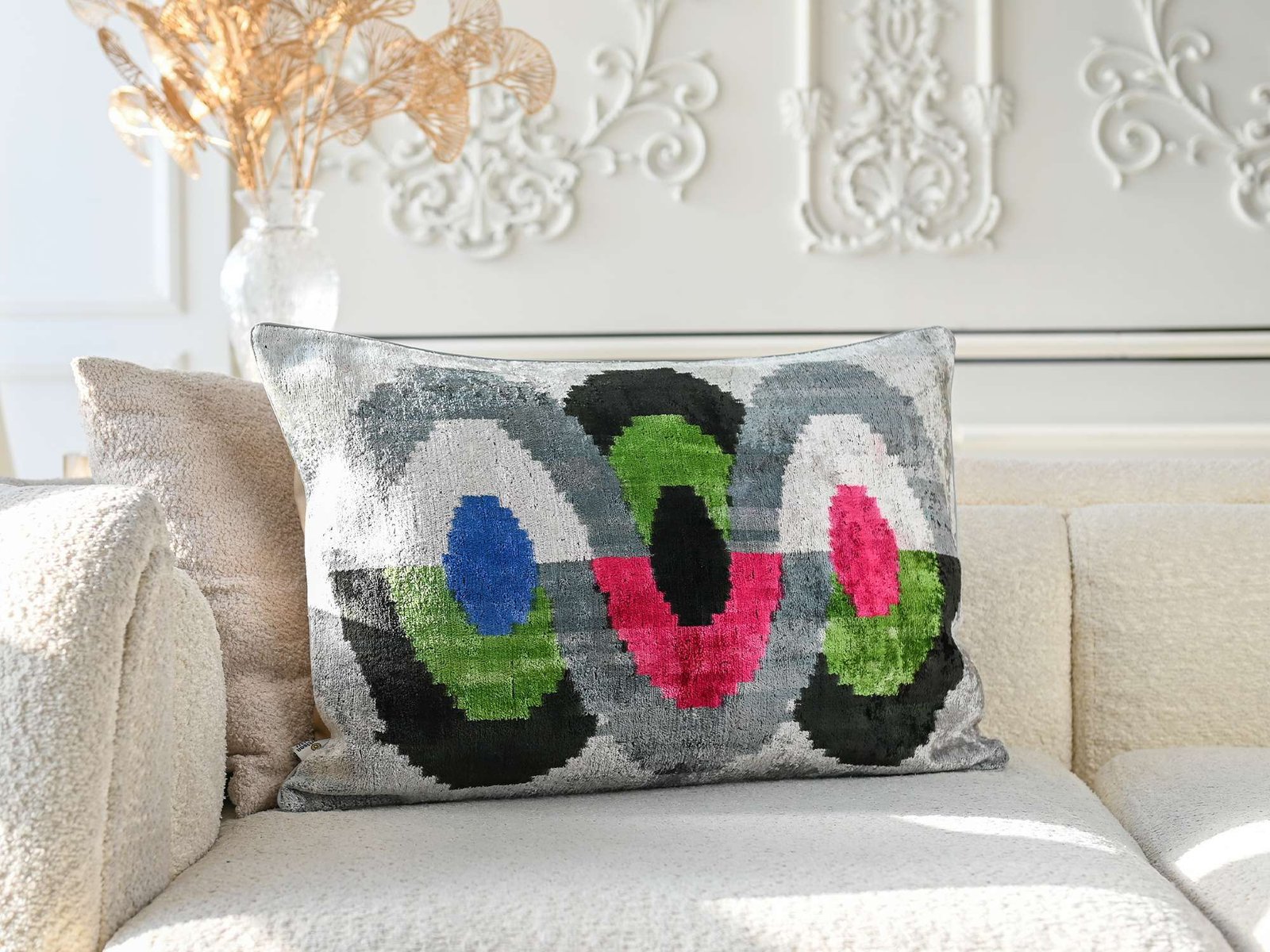 Silver Multicolor Handwoven Silk Velvet Ikat Lumbar Pillow Cover