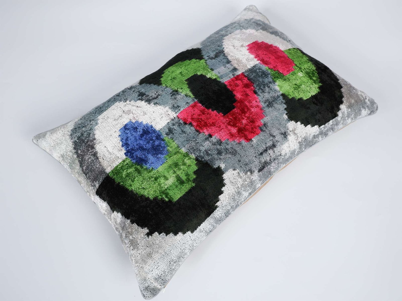 Silver Multicolor Handwoven Silk Velvet Ikat Lumbar Pillow Cover