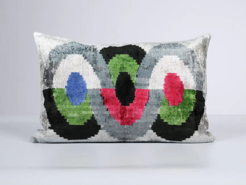Silver Multicolor Handwoven Silk Velvet Ikat Lumbar Pillow Cover