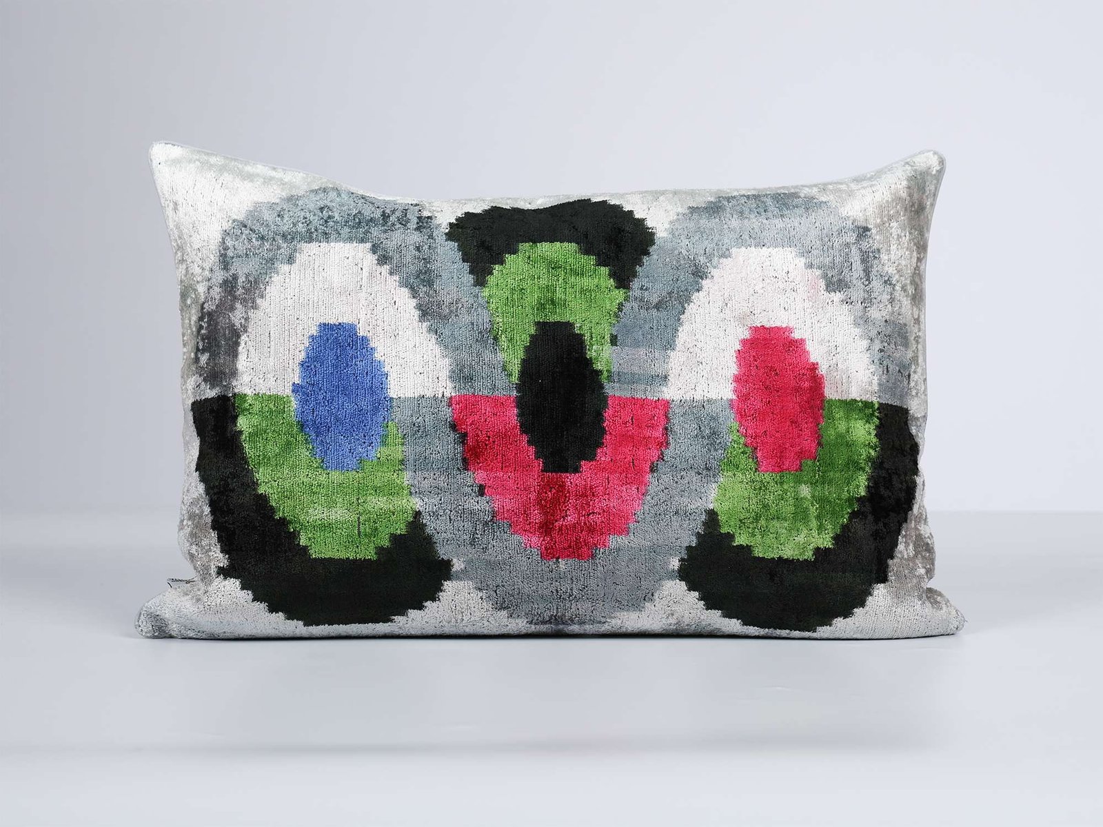 Silver Multicolor Handwoven Silk Velvet Ikat Lumbar Pillow Cover